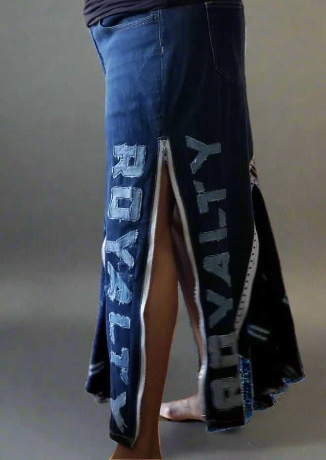 Upcycled Old Navy jeans 16 / 18 Plus to maxi jean skirt Royalty applique Mud Cloth & Ankara One-Of-A-Kind African Diaspora