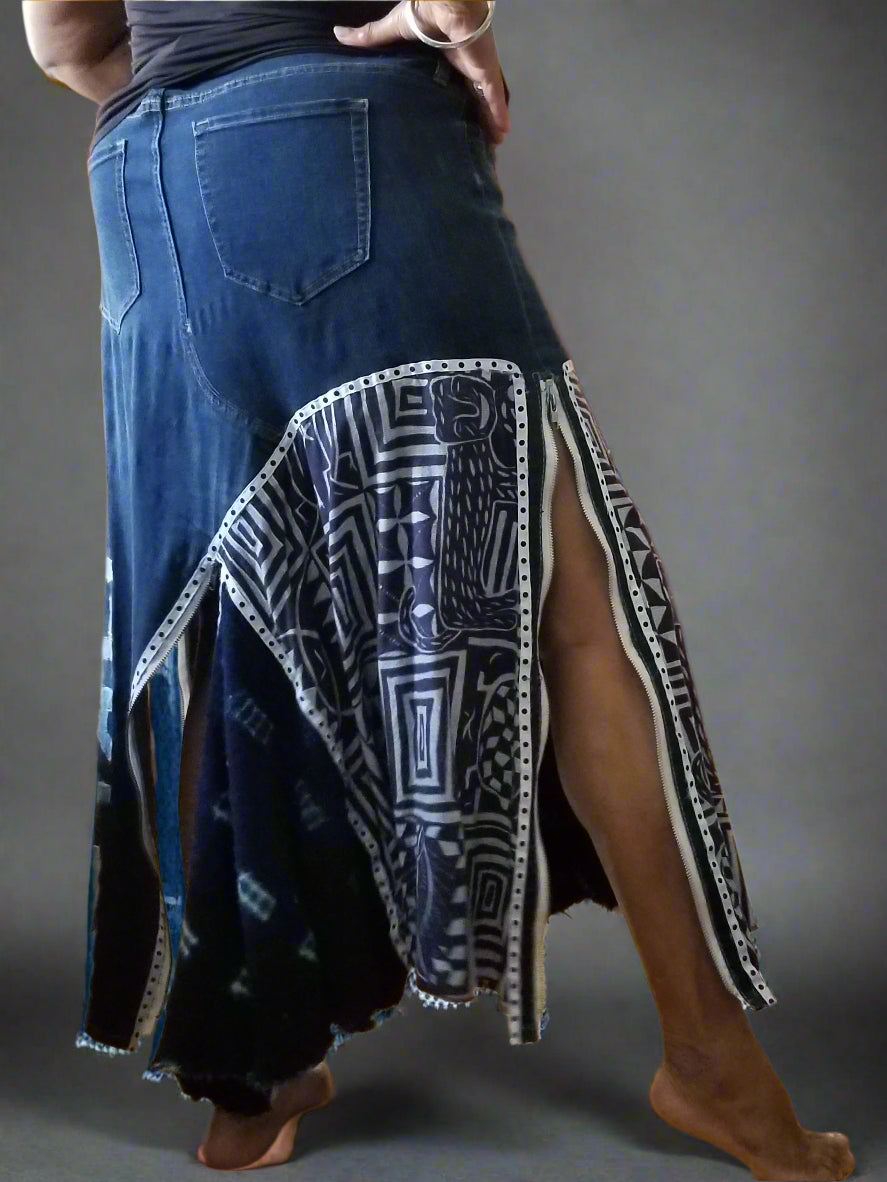 Upcycled Old Navy jeans 16 / 18 Plus to maxi jean skirt Royalty applique Mud Cloth & Ankara One-Of-A-Kind African Diaspora