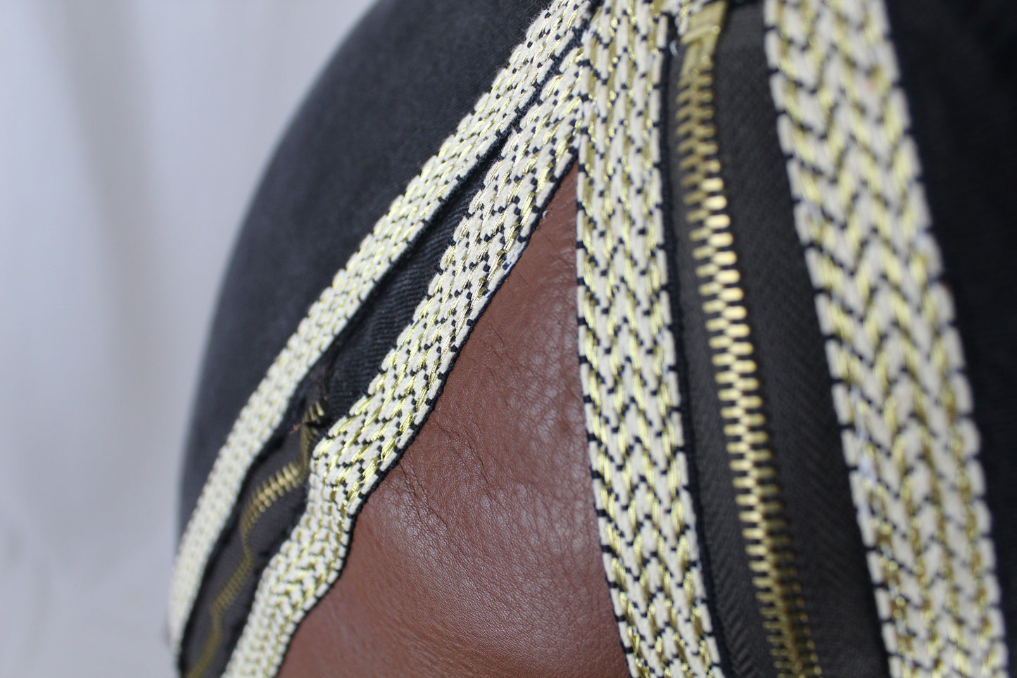 Upcycled Lee jeans 14 Plus to jean skirt Mud Cloth Leather & Gold Ankh applique black denim One-Of-A-Kind African Diaspora
