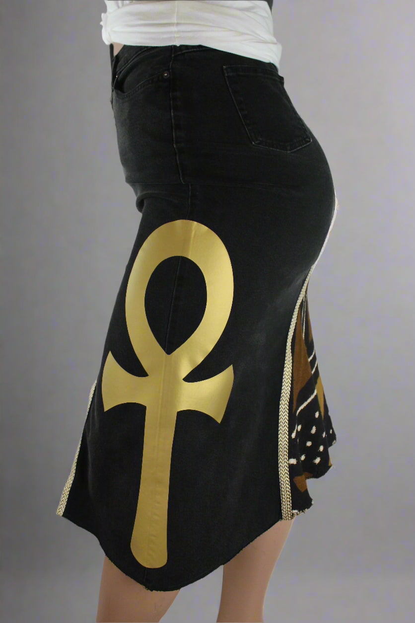 Upcycled Lee jeans 14 Plus to jean skirt Mud Cloth Leather & Gold Ankh applique black denim One-Of-A-Kind African Diaspora