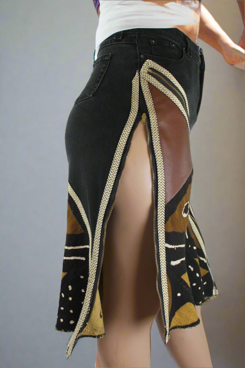 Upcycled Lee jeans 14 Plus to jean skirt Mud Cloth Leather & Gold Ankh applique black denim One-Of-A-Kind African Diaspora