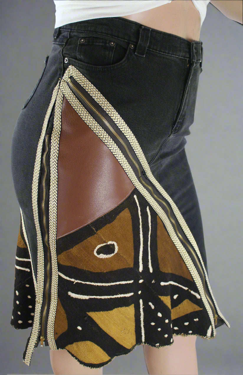 Upcycled Lee jeans 14 Plus to jean skirt Mud Cloth Leather & Gold Ankh applique black denim One-Of-A-Kind African Diaspora