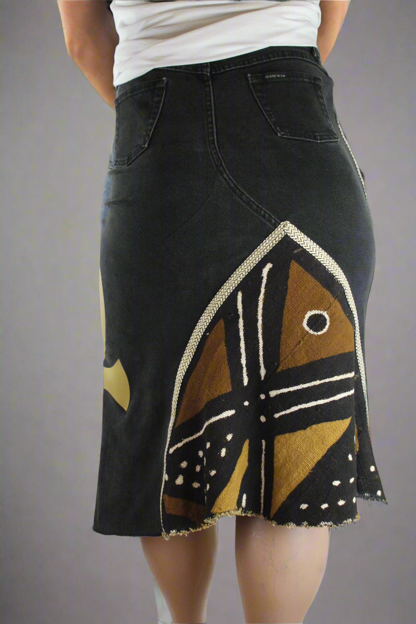 Upcycled Lee jeans 14 Plus to jean skirt Mud Cloth Leather & Gold Ankh applique black denim One-Of-A-Kind African Diaspora