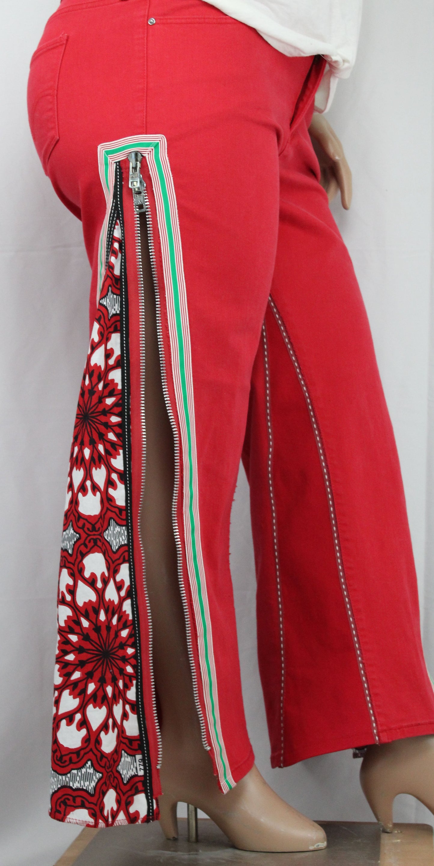 Upcycled Levi's jeans 20 Plus Ankara Dutch wax print red denim One-Of-A-Kind African Diaspora