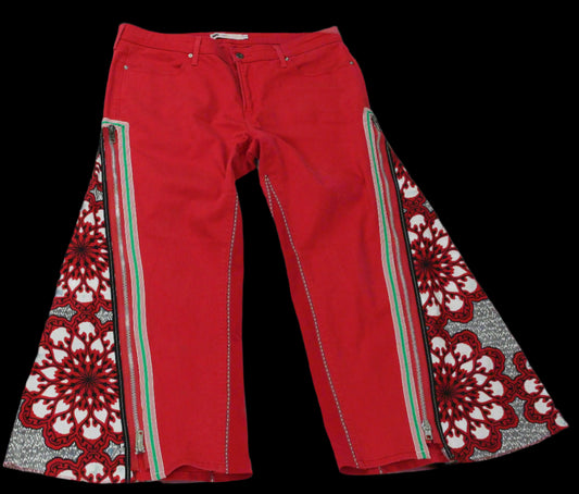 Upcycled Jeans - Red Denim with Ankara - Size 20 Plus Handcrafted One-of-a-Kind African Diaspora