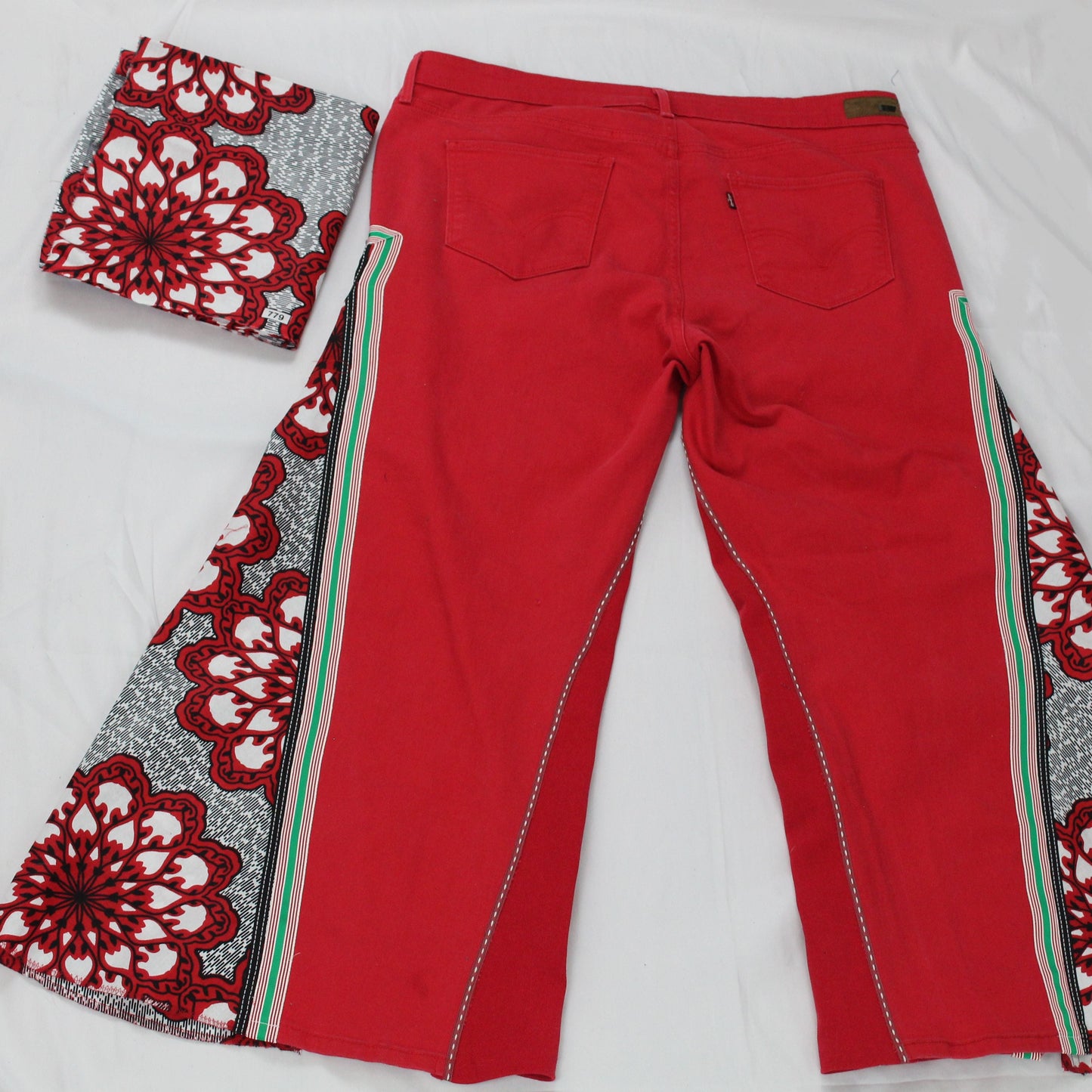 Upcycled Levi's jeans 20 Plus Ankara Dutch wax print red denim One-Of-A-Kind African Diaspora