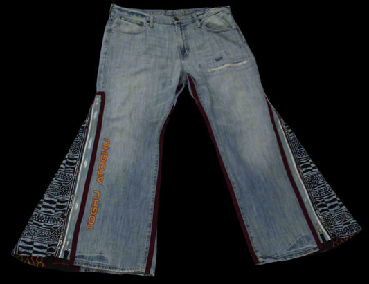 Upcycled Jeans - Cameroon Atoghu Embroidered - Size 38/16 Plus Handcrafted One-of-a-Kind African Diaspora Denim