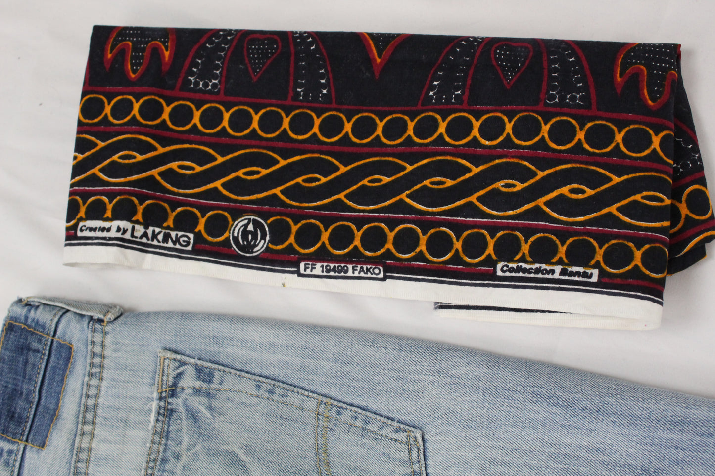 Upcycled American Eagle jeans 38 / 16 Plus Unisex embroidered Cameroon Atoghu Togh & Ankara One-Of-A-Kind African Diaspora