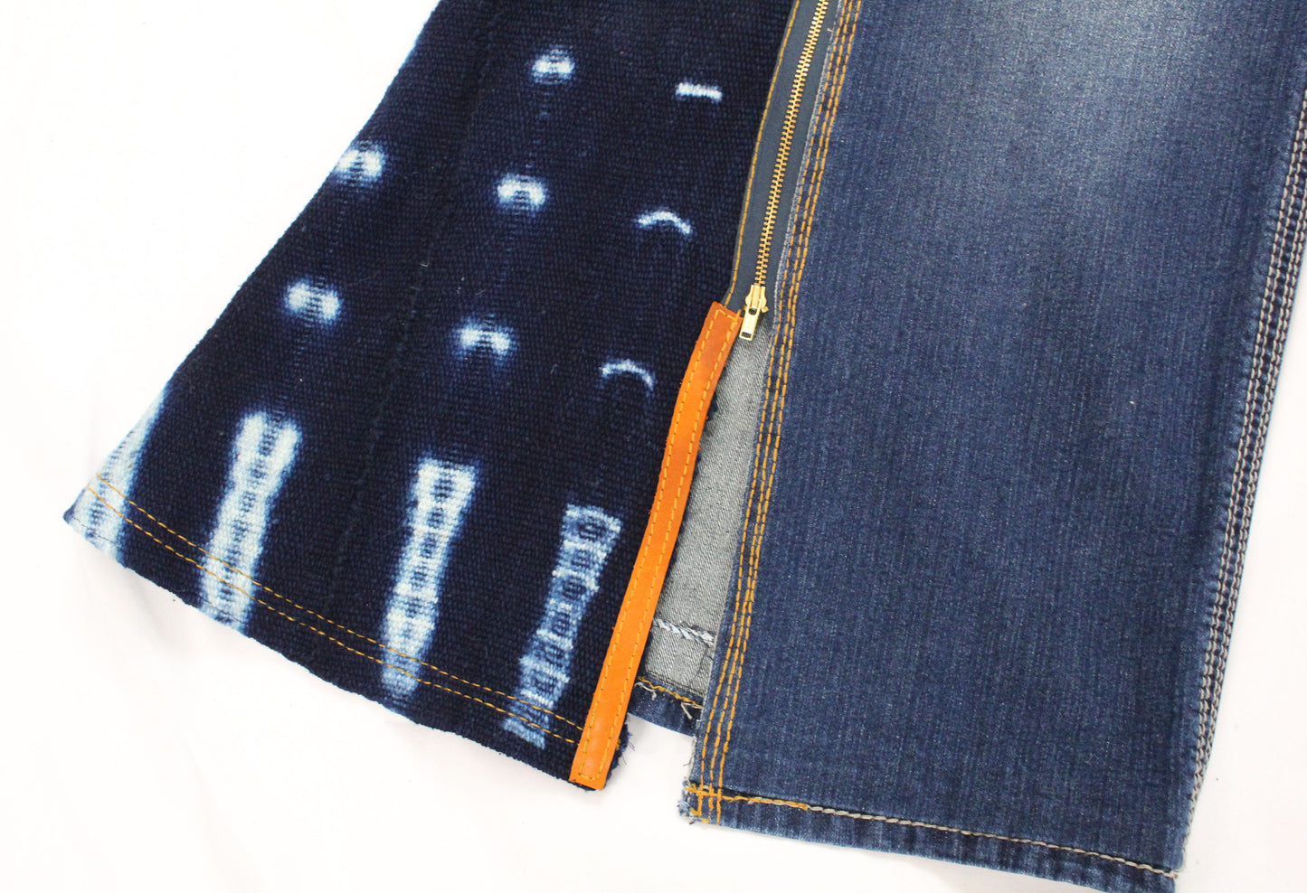 Upcycled Seven 7 jeans 34 / 12 Plus Unisex Indigo Mud Cloth & Leather Trim denim blue One-Of-A-Kind Africa Diaspora