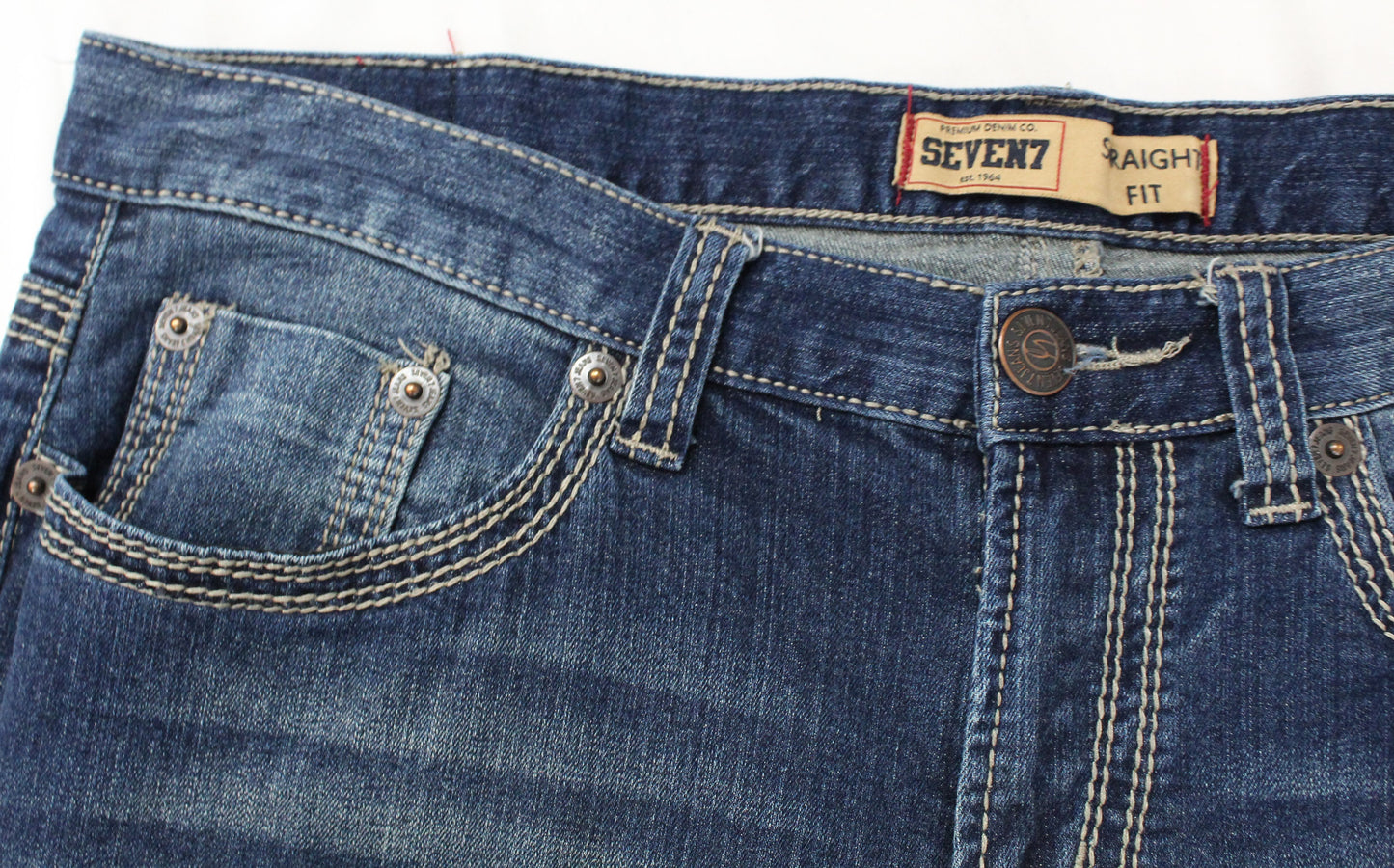 Upcycled Seven 7 jeans 34 / 12 Plus Unisex Indigo Mud Cloth & Leather Trim denim blue One-Of-A-Kind Africa Diaspora