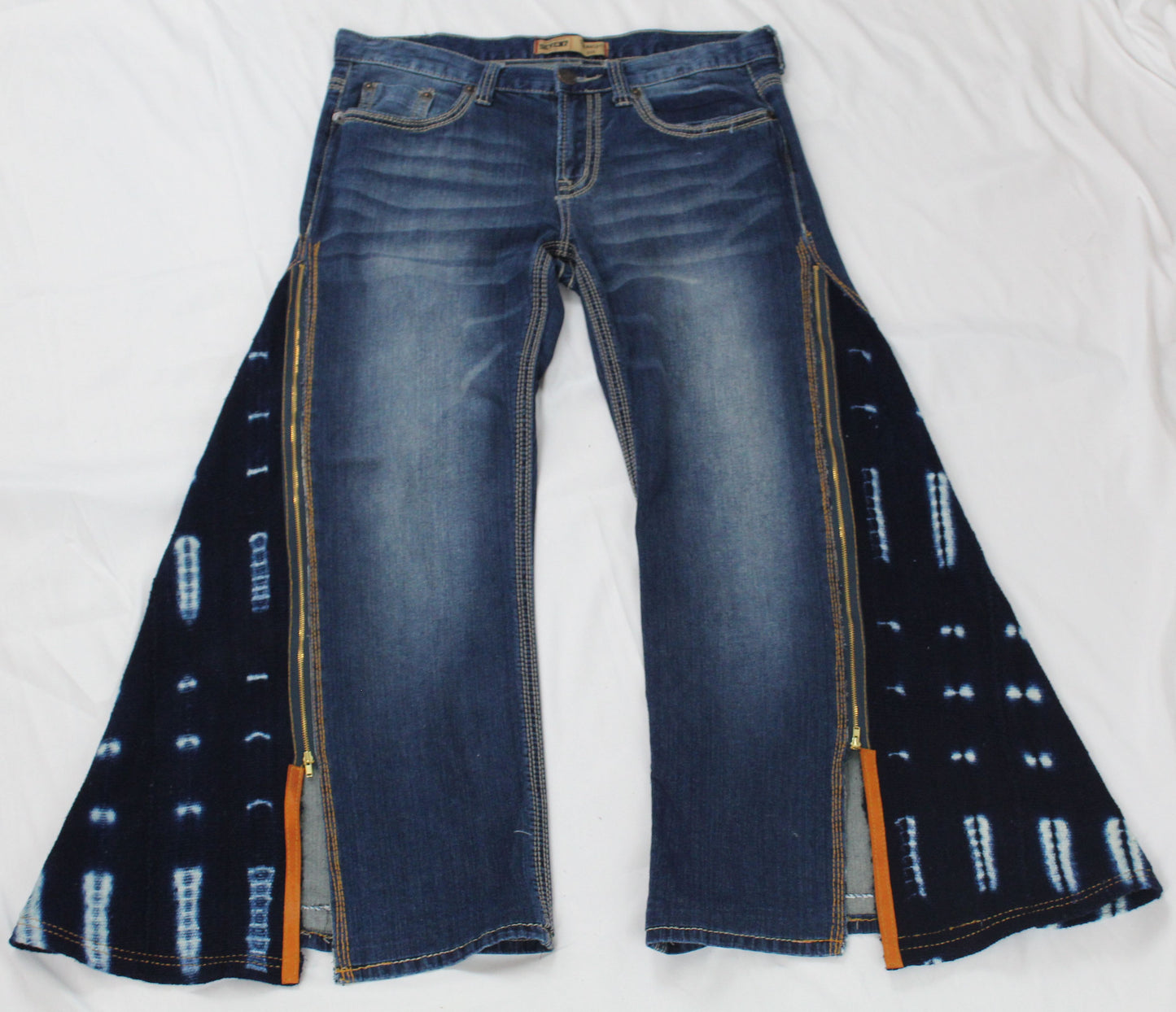 Upcycled Seven 7 jeans 34 / 12 Plus Unisex Indigo Mud Cloth & Leather Trim denim blue One-Of-A-Kind Africa Diaspora