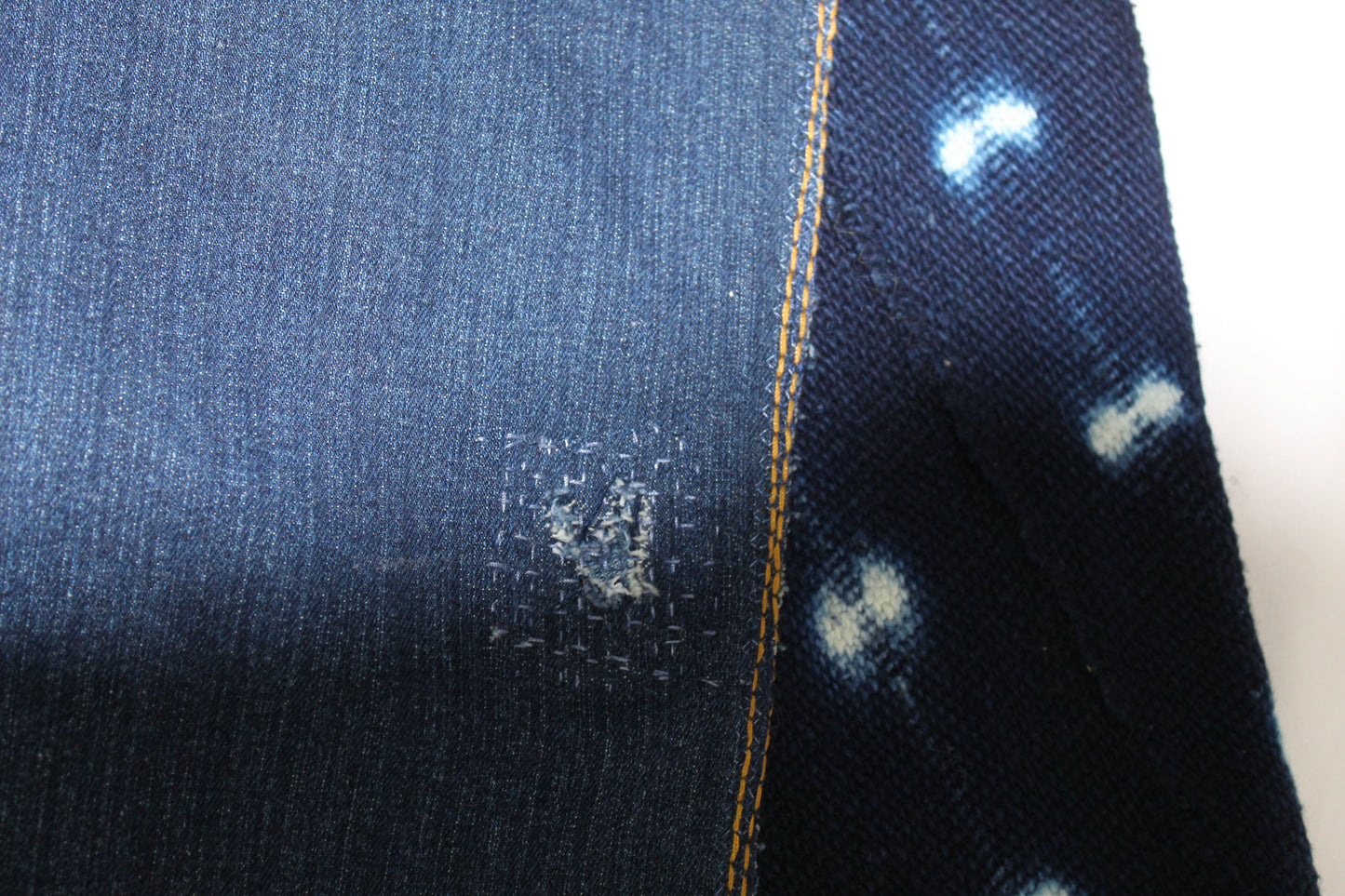 Upcycled Seven 7 jeans 34 / 12 Plus Unisex Indigo Mud Cloth & Leather Trim denim blue One-Of-A-Kind Africa Diaspora