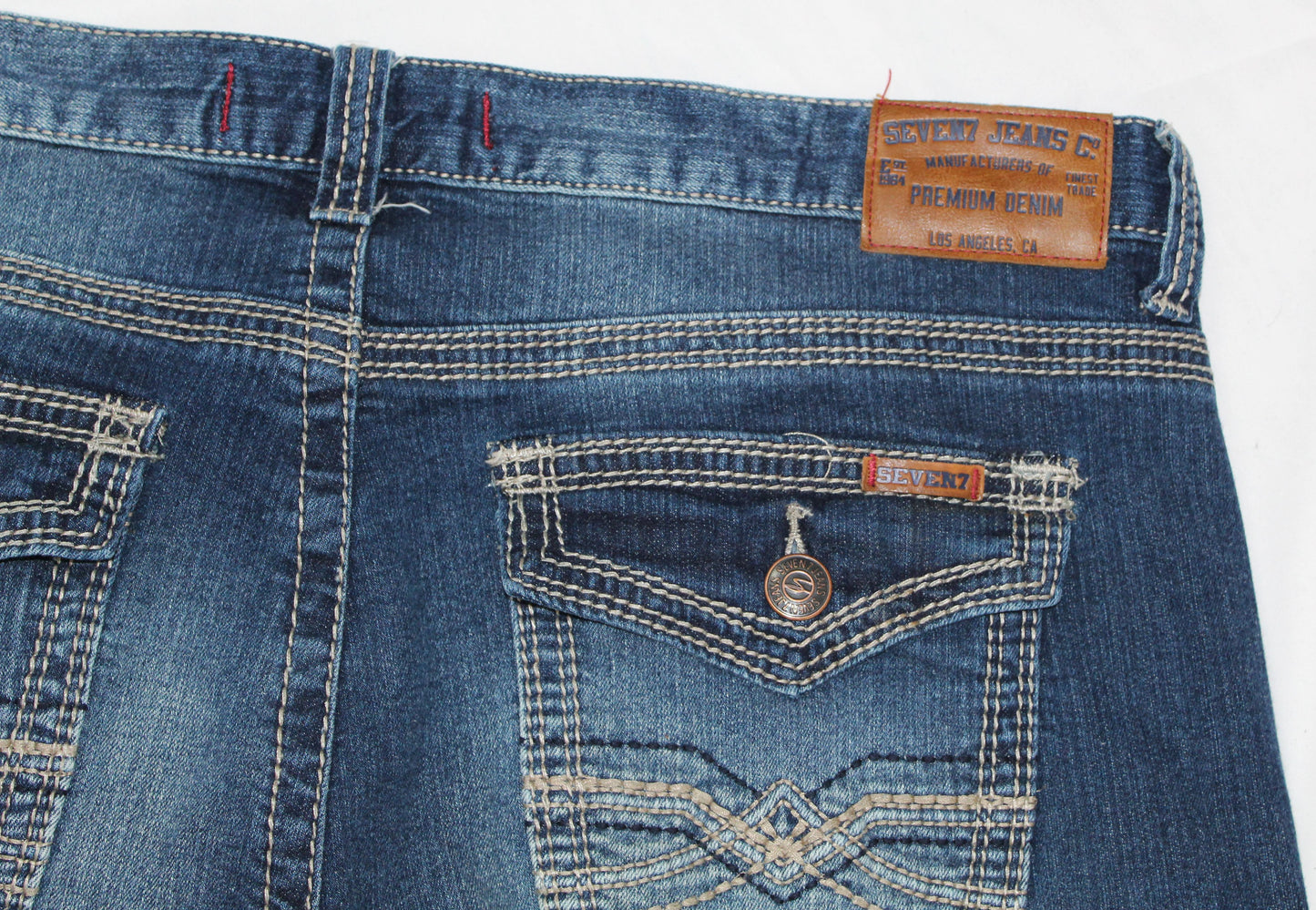 Upcycled Seven 7 jeans 34 / 12 Plus Unisex Indigo Mud Cloth & Leather Trim denim blue One-Of-A-Kind Africa Diaspora