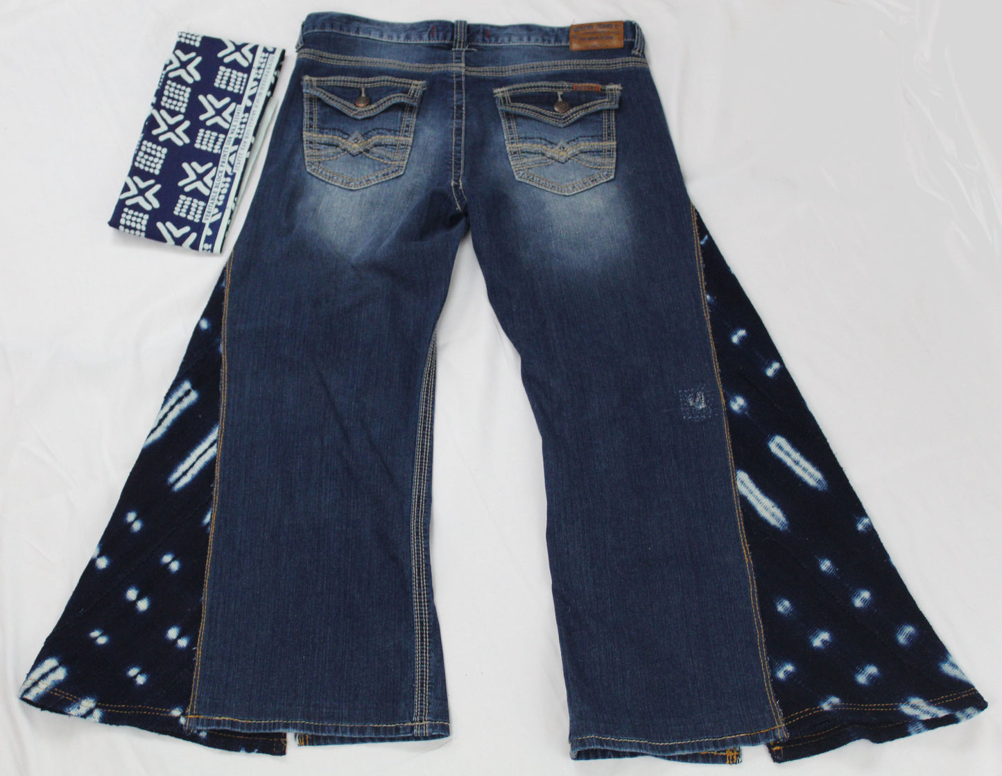 Upcycled Seven 7 jeans 34 / 12 Plus Unisex Indigo Mud Cloth & Leather Trim denim blue One-Of-A-Kind Africa Diaspora