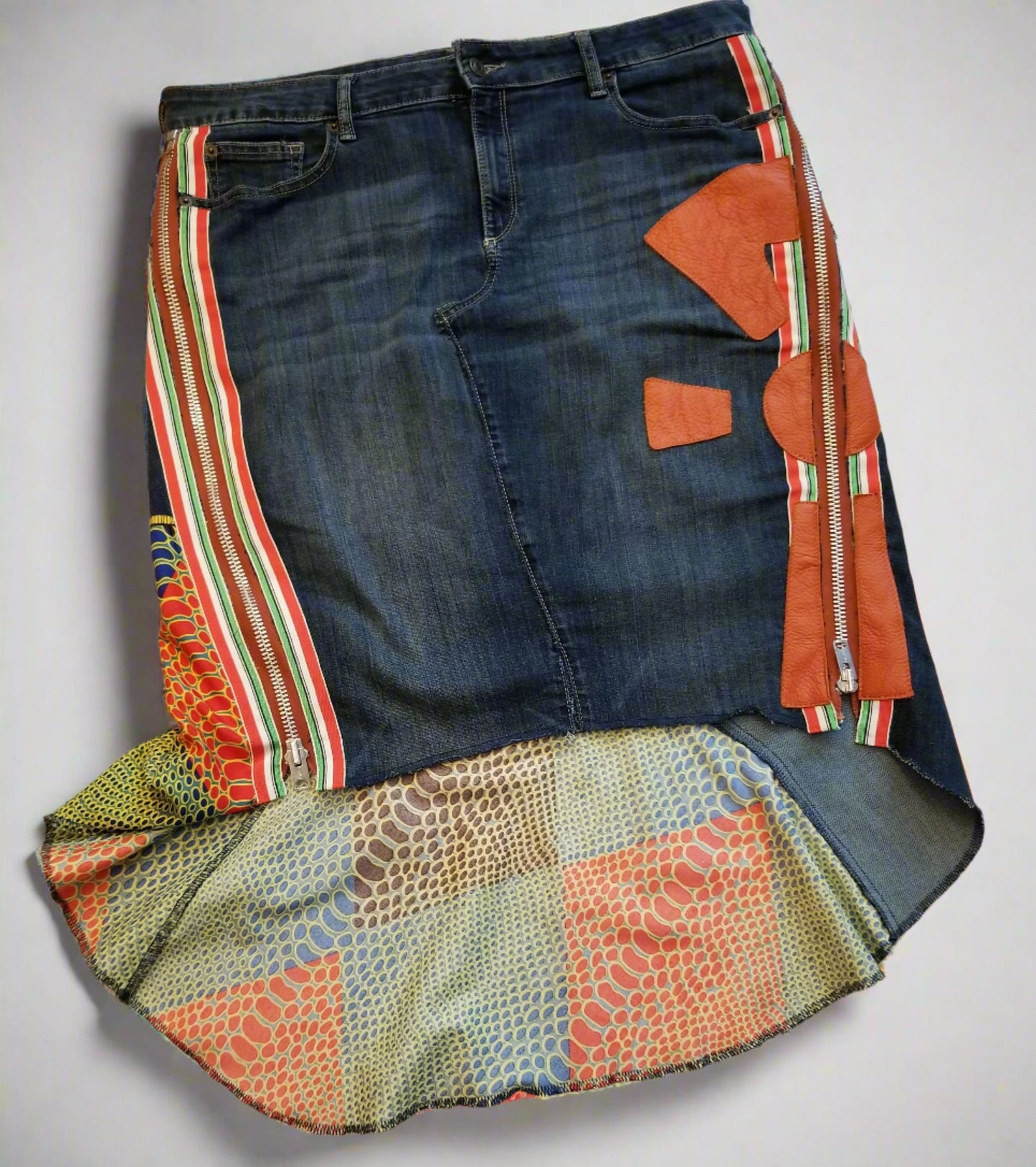 Upcycled Gap jeans 18 Plus to jean skirt Leather Ankh applique & Ankara Hi-Lo hem One-Of-A-Kind African Diaspora