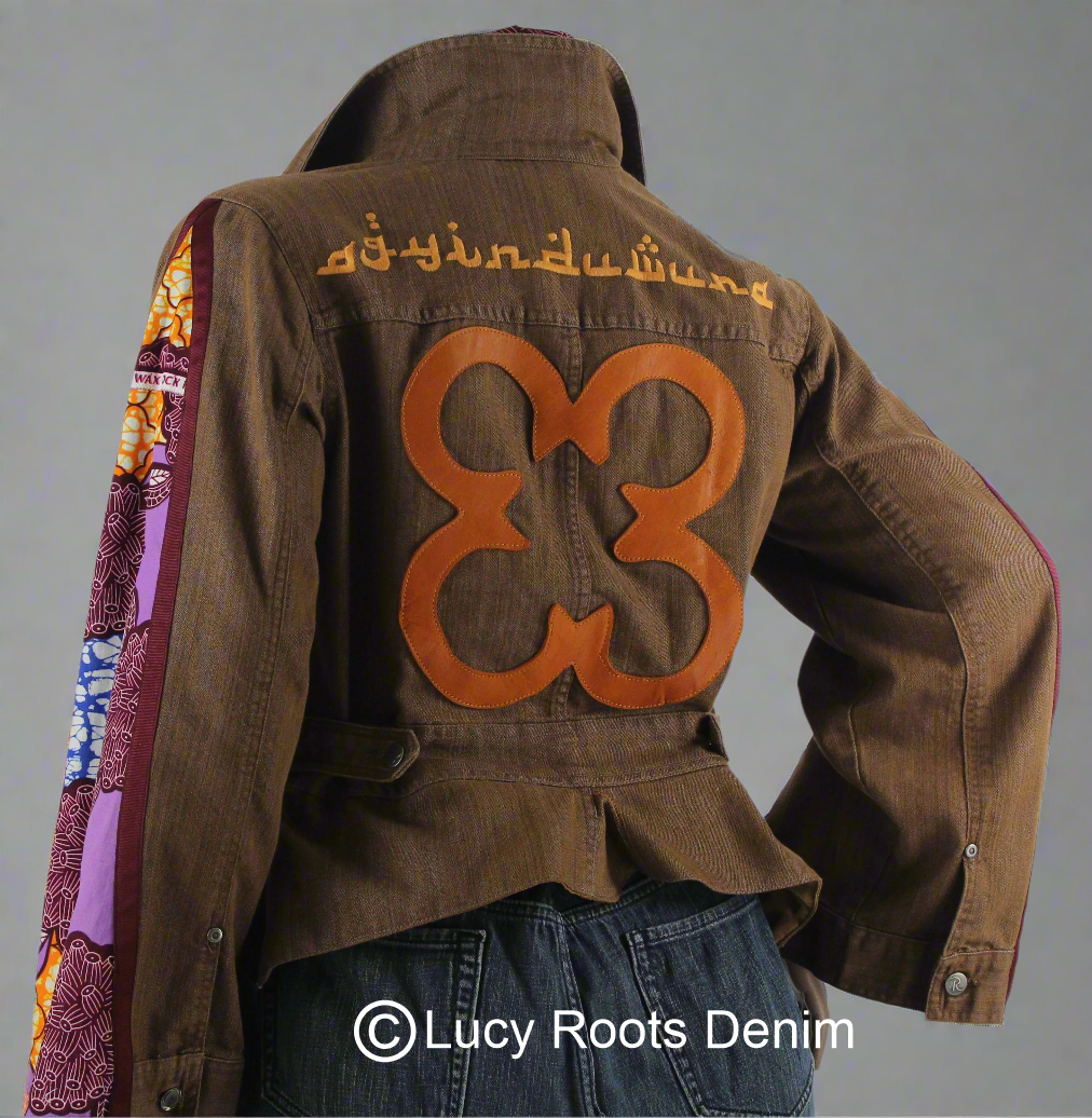 Upcycled jean jacket 12W Leather Applique Agyinduwura symbol & Ankara brown denim  One-Of-A-Kind African Diaspora