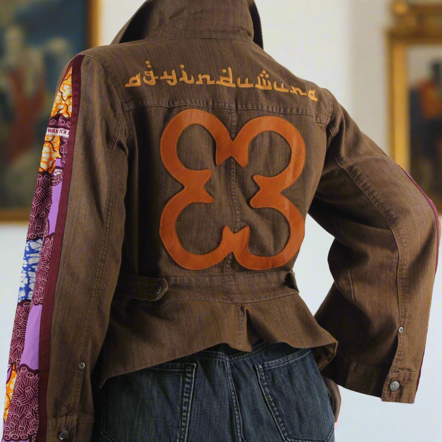 Upcycled jean jacket 12W Leather Applique Agyinduwura symbol & Ankara brown denim  One-Of-A-Kind African Diaspora