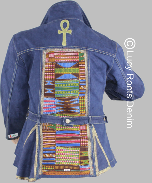 Upcycled Tape Measure 14 Plus denim jacket Leather Ankh Kente print Ankara Gold trim African Diaspora