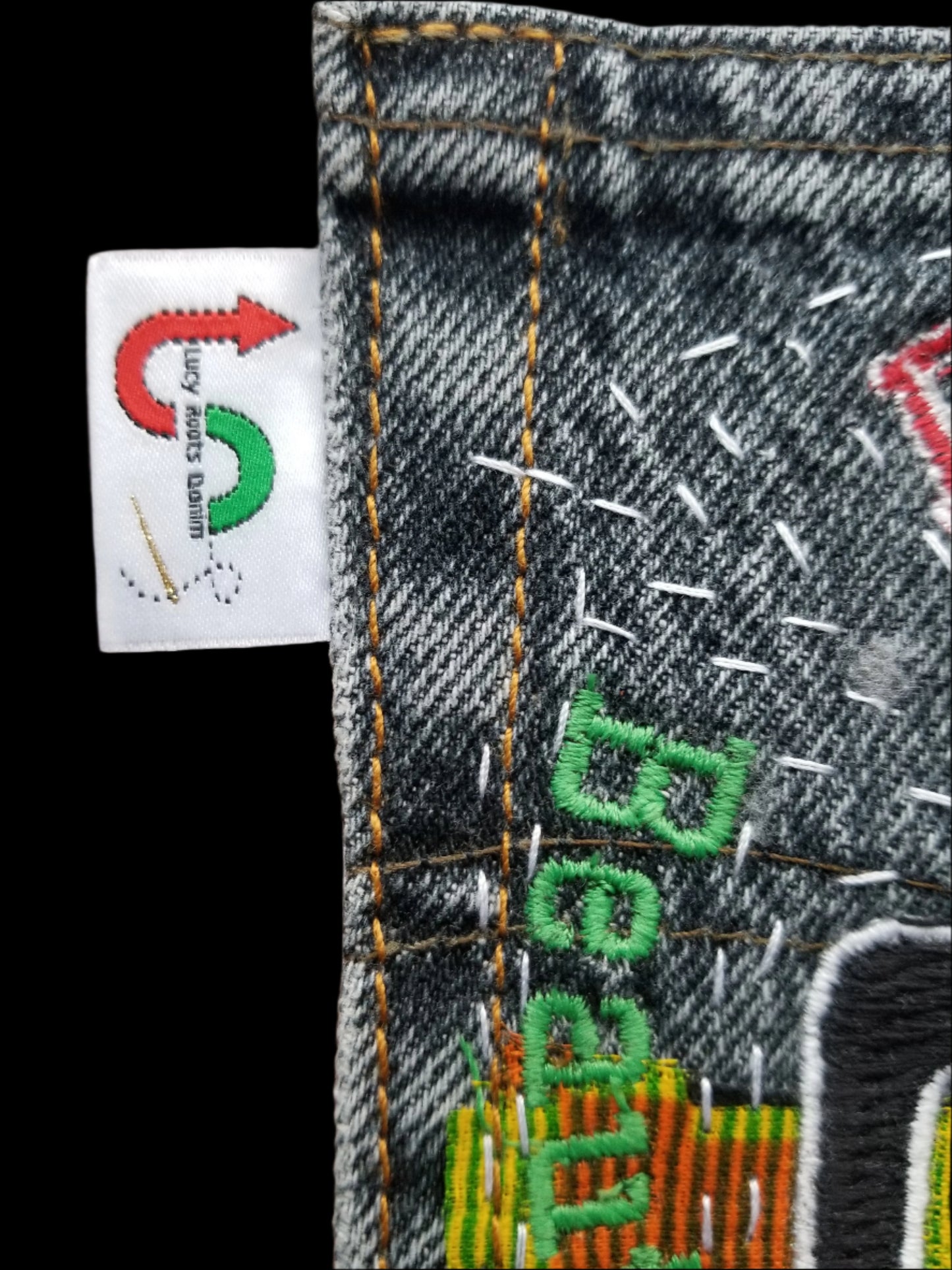 Duafe # 1 Upcycled faded black jeans Pocket Patch African Diaspora