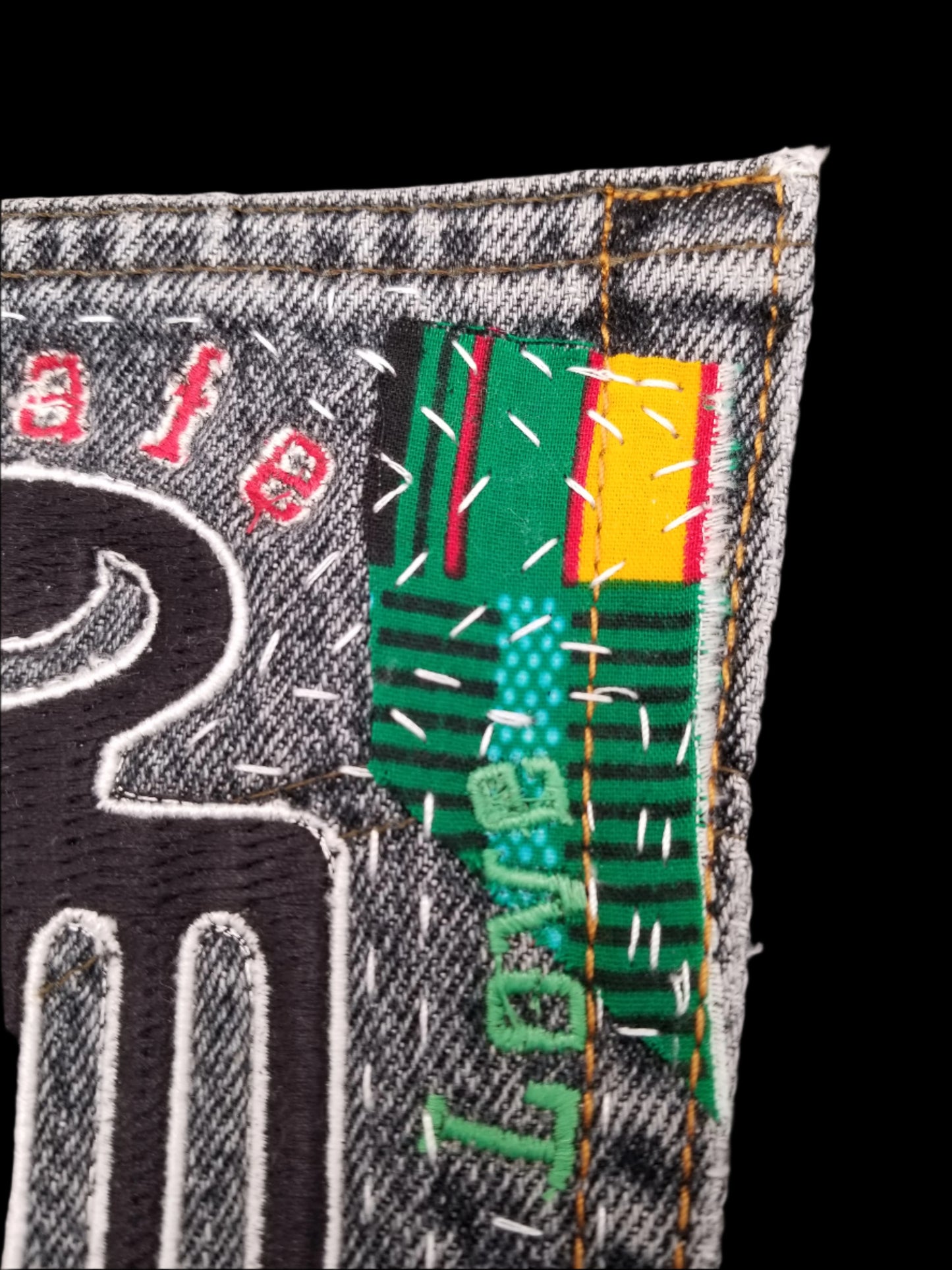 Duafe # 2 Upcycled faded black jeans Pocket Patch African Diaspora