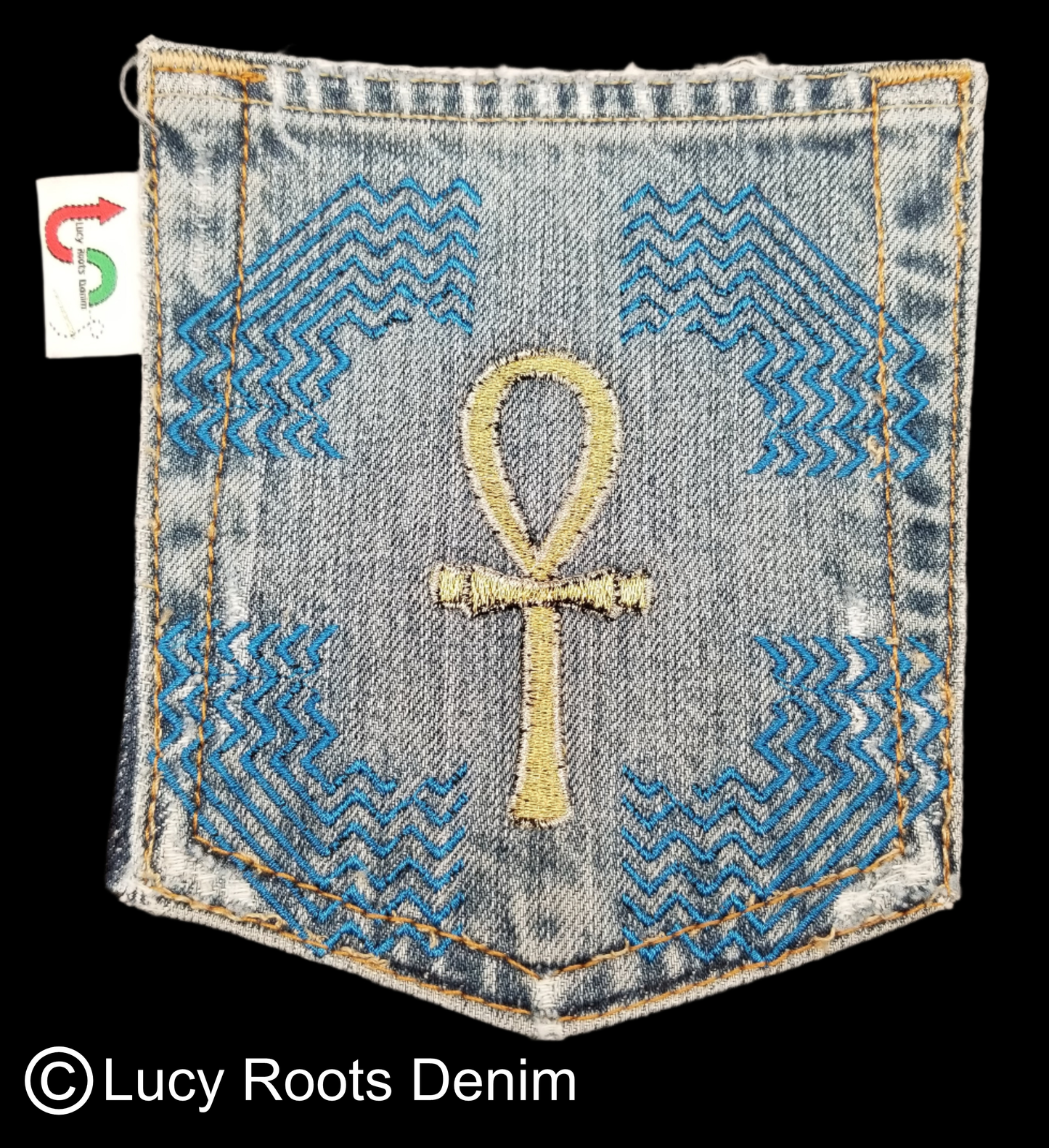 Ankh # 9 Upcycled denim blue jeans Pocket Patch African Diaspora