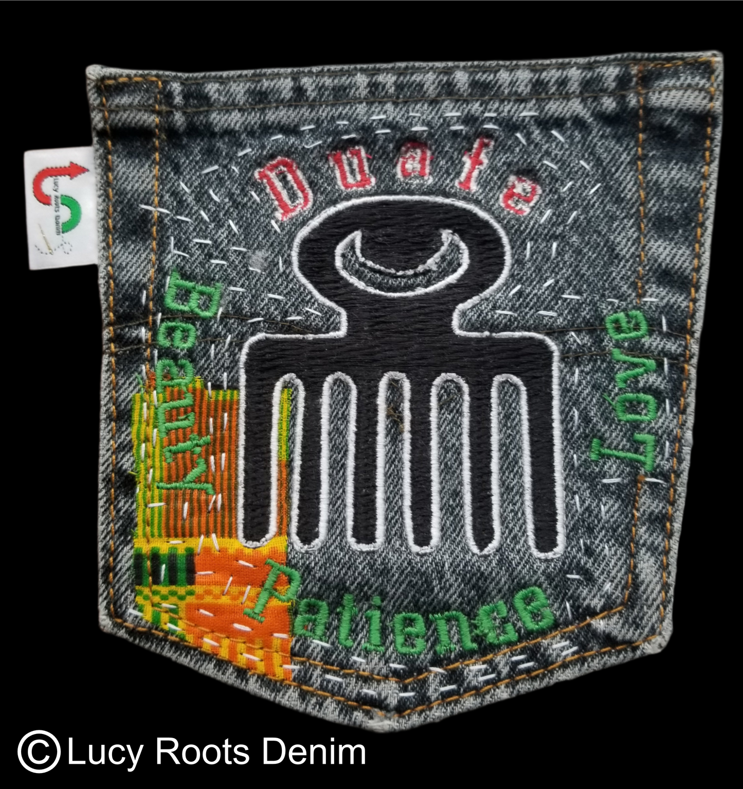 Duafe # 1 Upcycled faded black jeans Pocket Patch African Diaspora