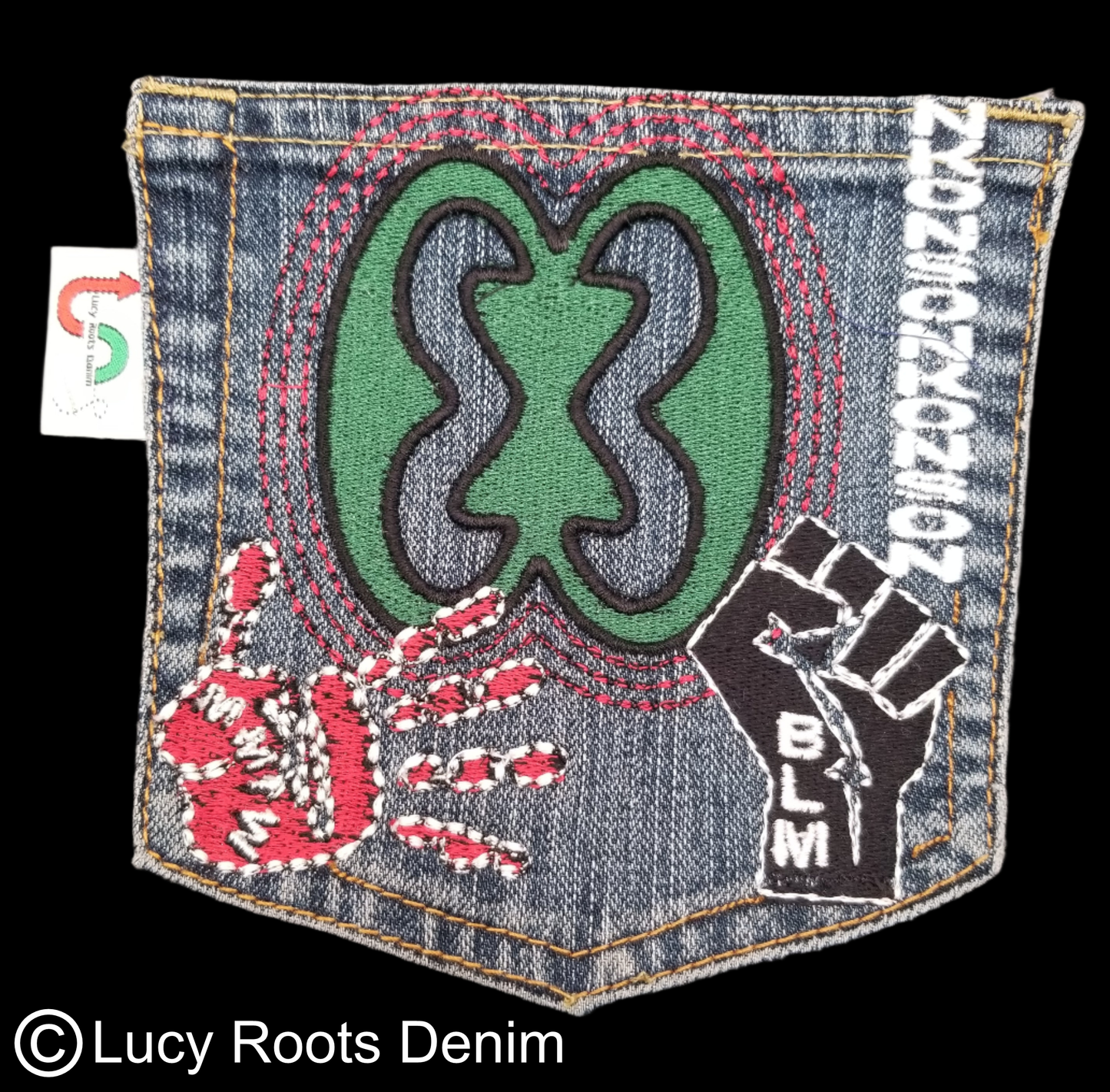 Nkonsonkonson # 5 Upcycled denim blue jeans Pocket Patch African Diaspora Indigenous Peoples