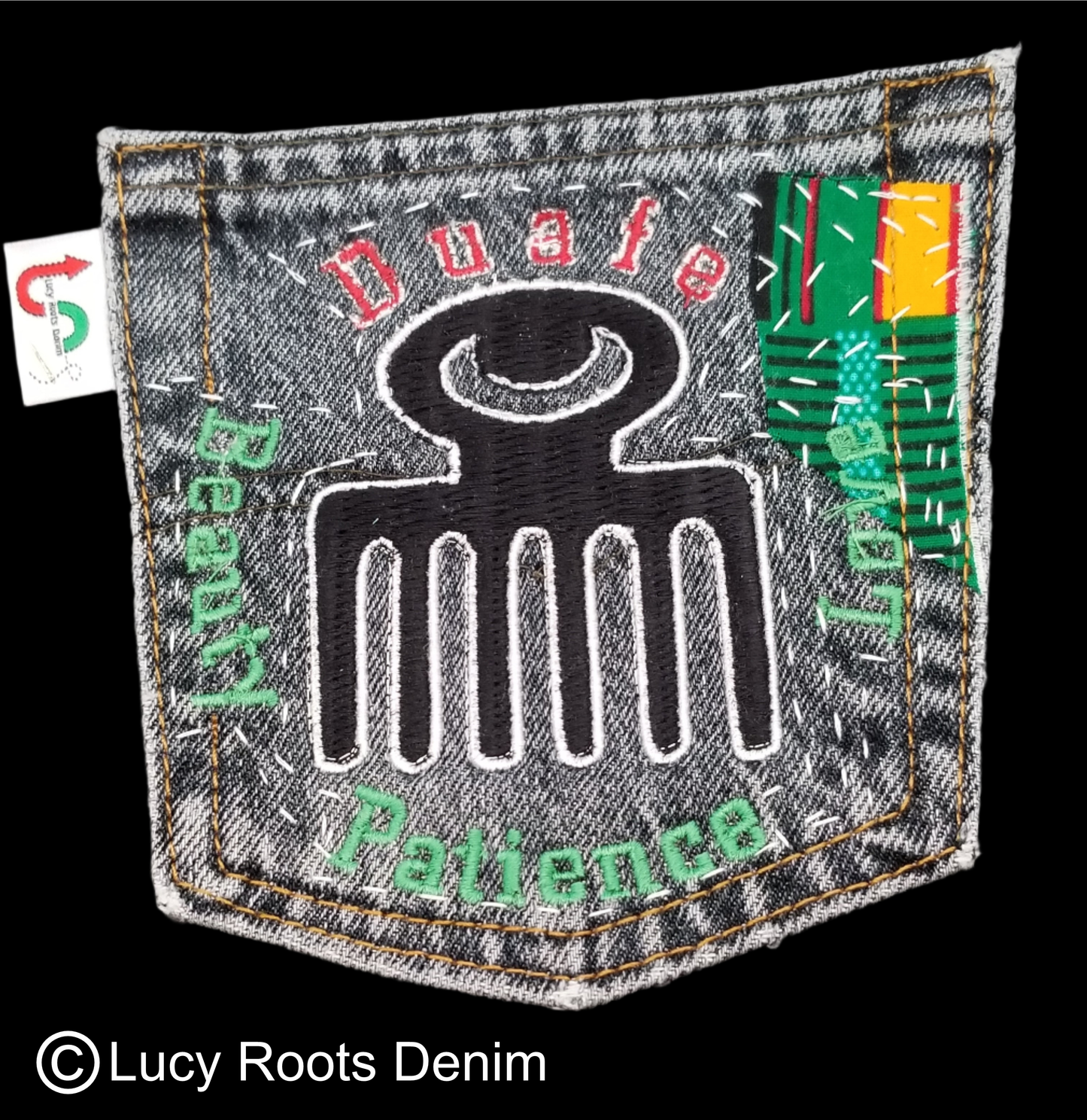 Duafe # 2 Upcycled faded black jeans Pocket Patch African Diaspora
