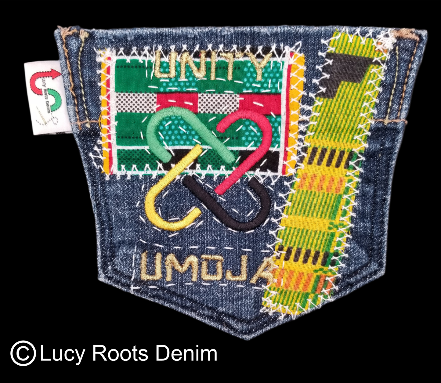 Umoja Unity # 2 Upcycled denim blue jeans Pocket Patch African Diasopra