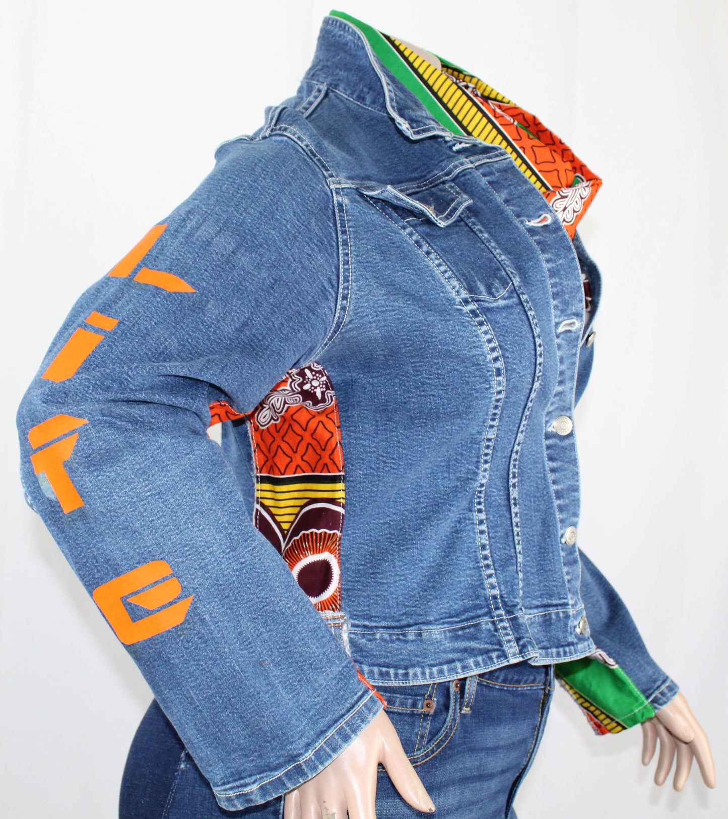 Upcycled jean jacket _ Plus size XL 16 _ Orange Leather Ankh & Ankara_blue denim_One-Of-A-Kind