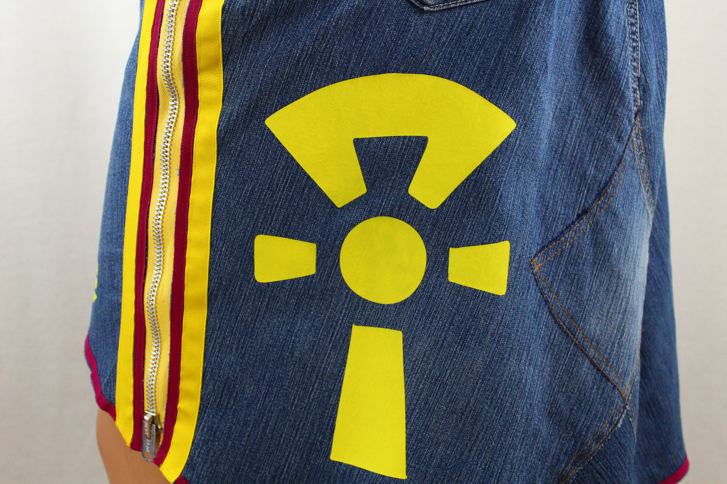 Upcycled jean skirt _ Plus size 2X / 20_Yellow Ankh & Life text _  Hi-Lo blue denim _ One-Of-A-Kind