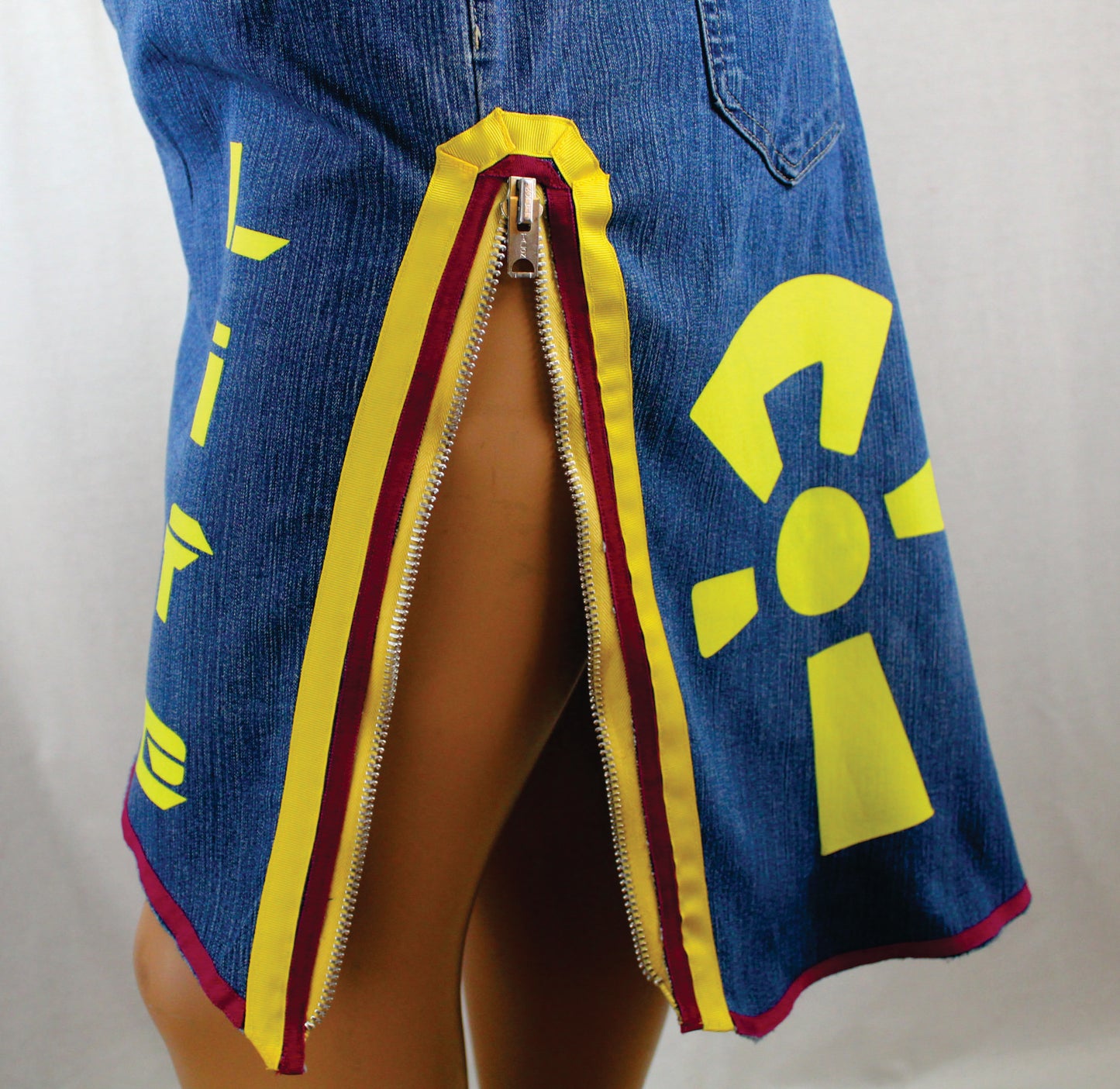 Upcycled jean skirt _ Plus size 2X / 20_Yellow Ankh & Life text _  Hi-Lo blue denim _ One-Of-A-Kind