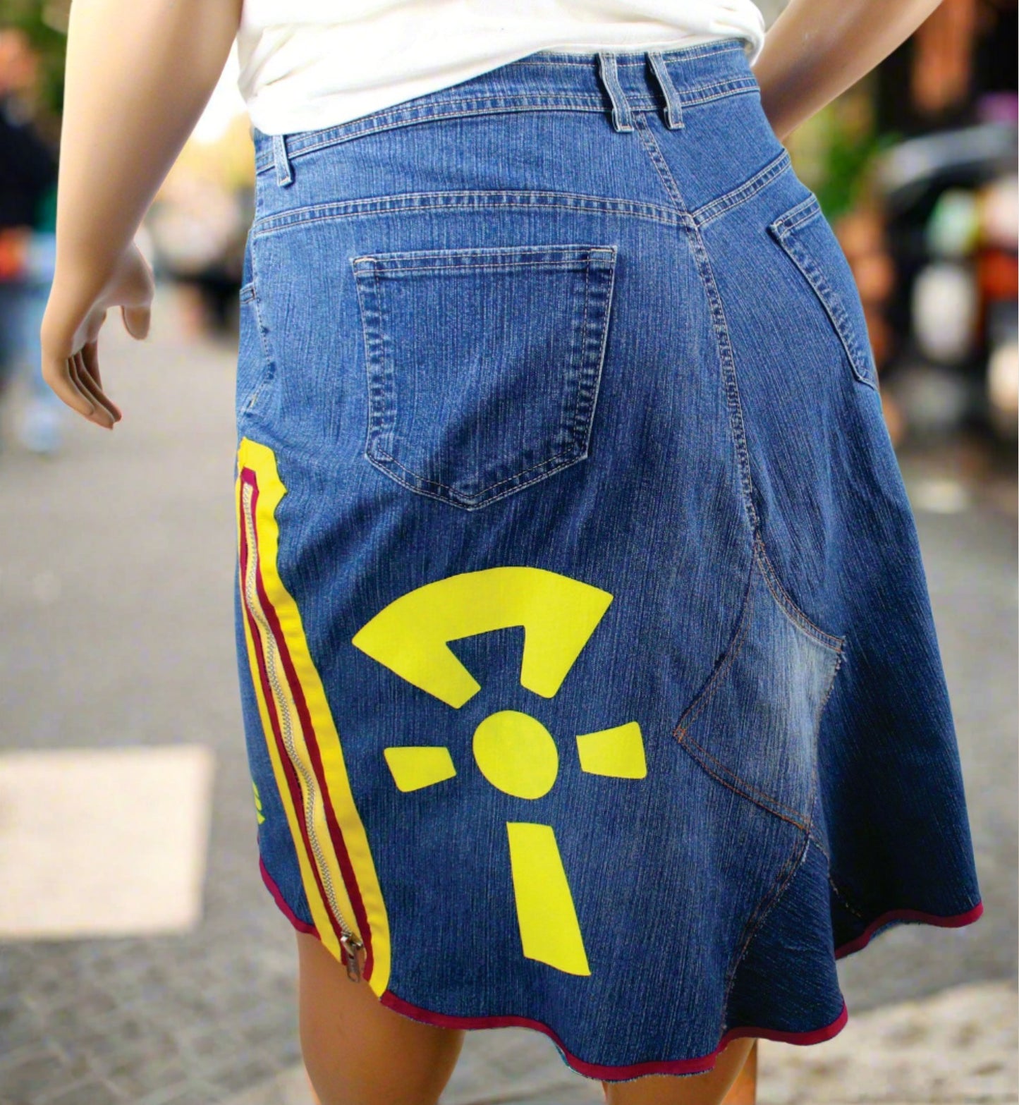 Upcycled jean skirt _ Plus size 2X / 20_Yellow Ankh & Life text _  Hi-Lo blue denim _ One-Of-A-Kind