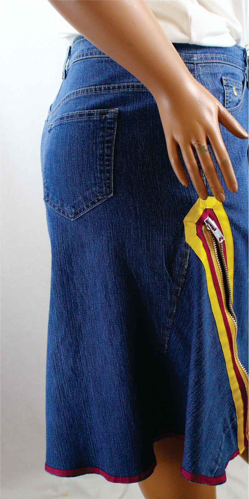 Upcycled jean skirt _ Plus size 2X / 20_Yellow Ankh & Life text _  Hi-Lo blue denim _ One-Of-A-Kind