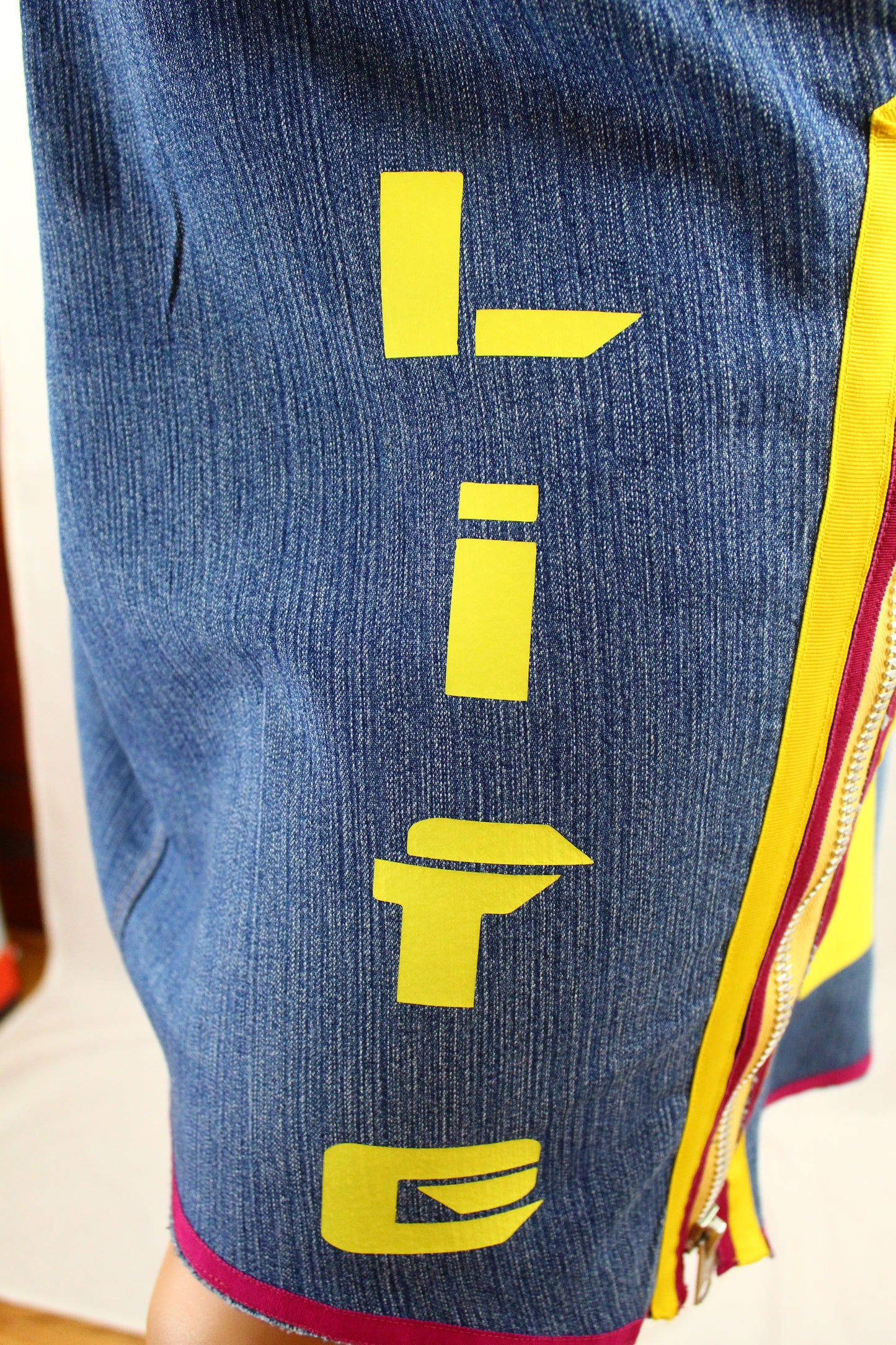 Upcycled jean skirt _ Plus size 2X / 20_Yellow Ankh & Life text _  Hi-Lo blue denim _ One-Of-A-Kind