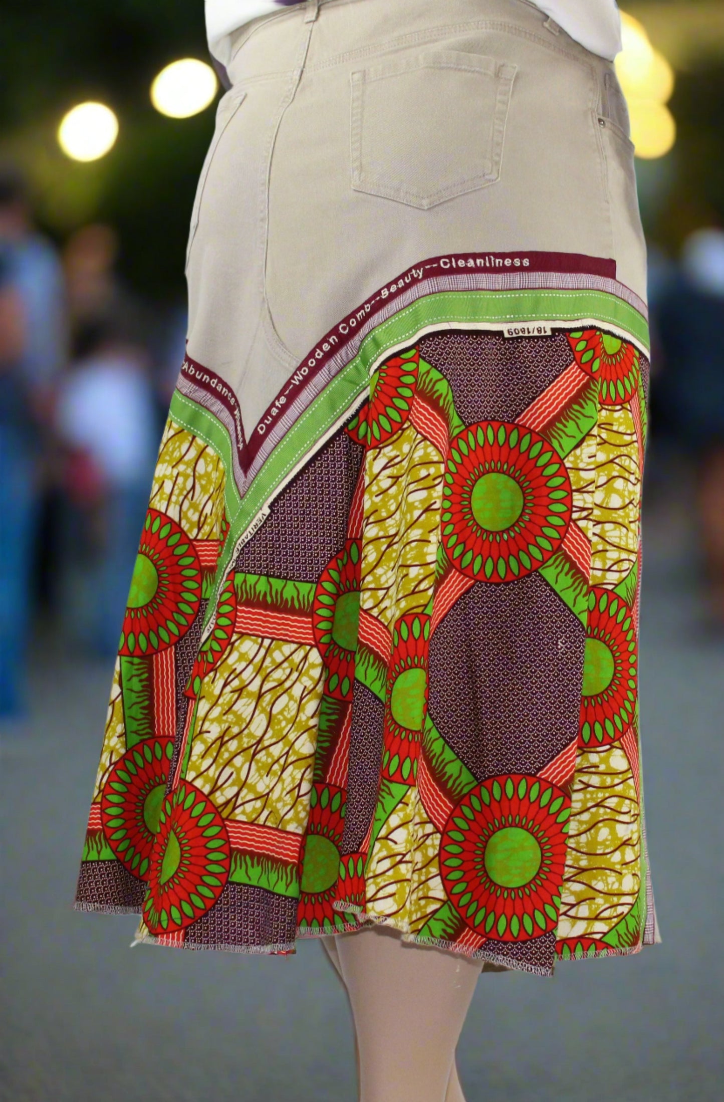 Upcycled jean skirt 20W Plus Nserewa Duafe Leather Applique & Ankara Khaki denim One-Of-A-Kind