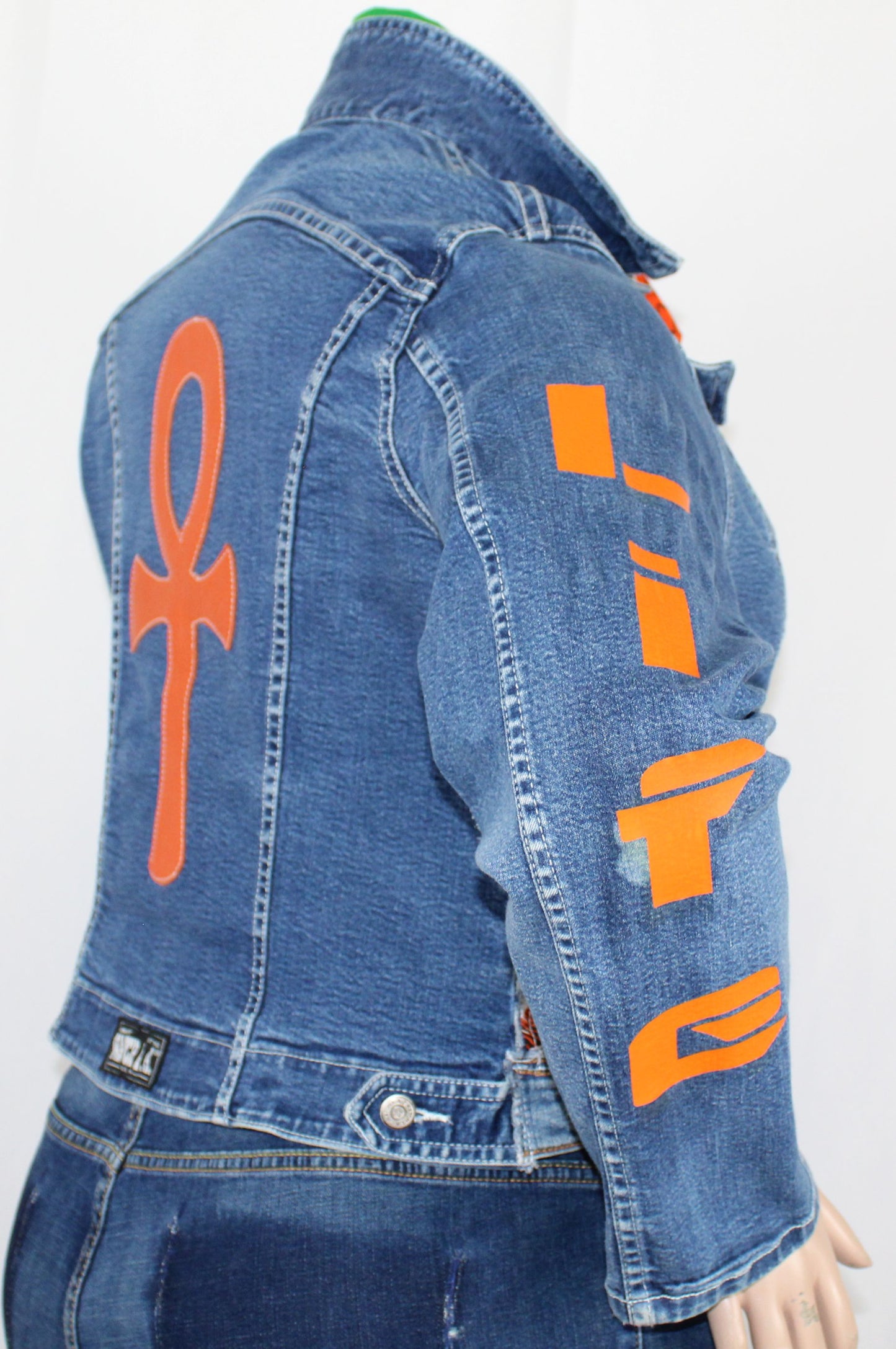 Upcycled jean jacket _ Plus size XL 16 _ Orange Leather Ankh & Ankara_blue denim_One-Of-A-Kind