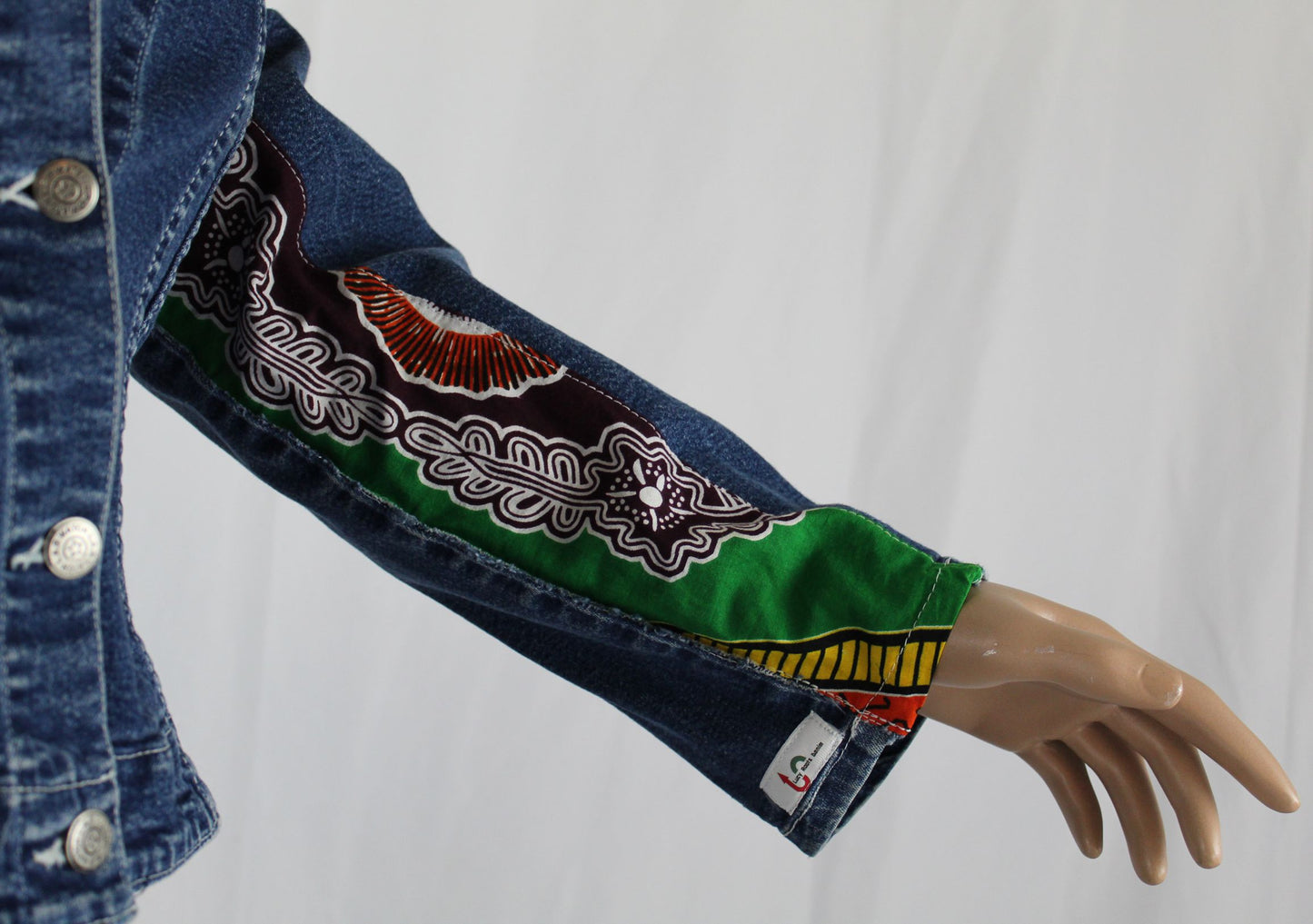 Upcycled jean jacket _ Plus size XL 16 _ Orange Leather Ankh & Ankara_blue denim_One-Of-A-Kind