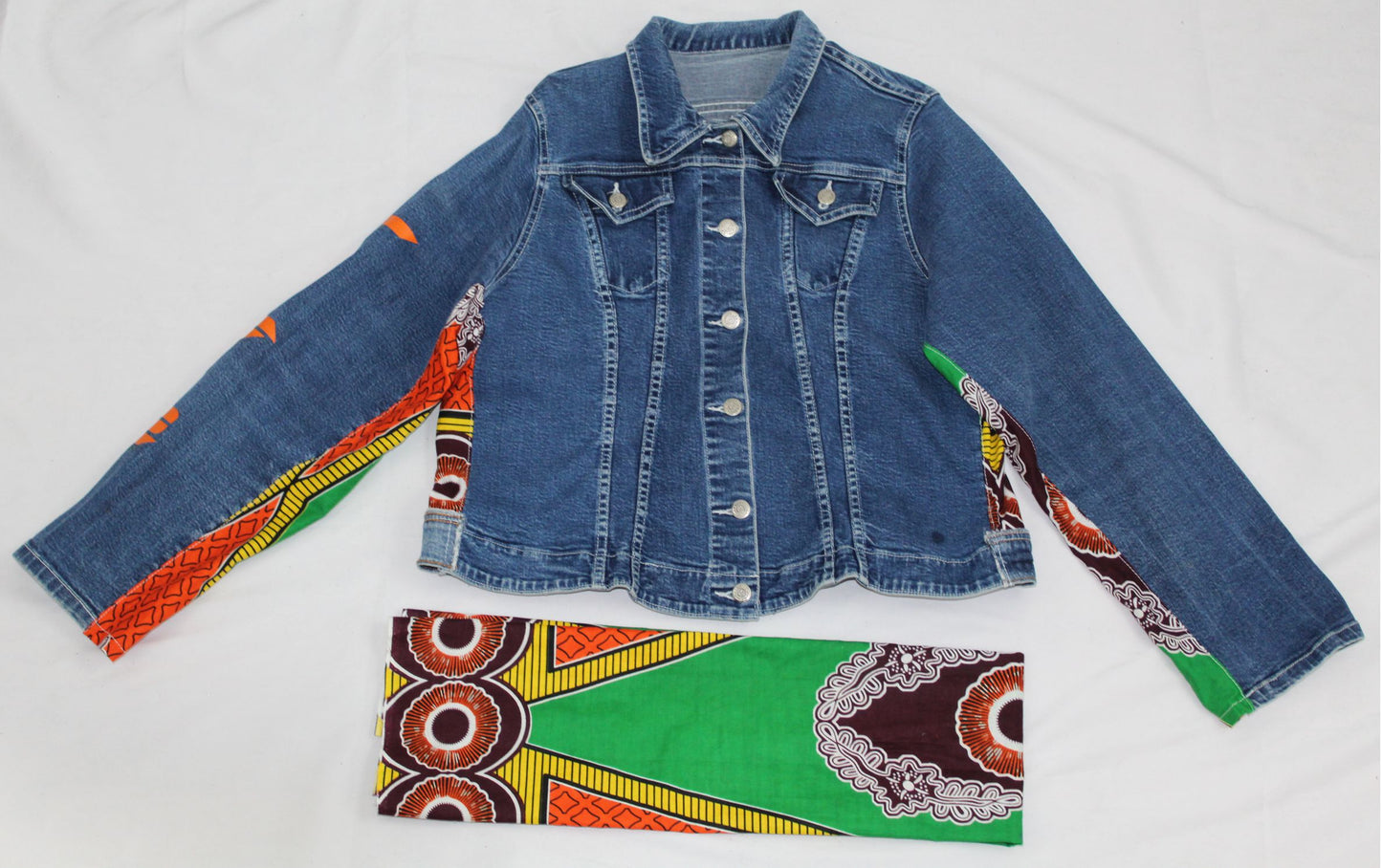 Upcycled jean jacket _ Plus size XL 16 _ Orange Leather Ankh & Ankara_blue denim_One-Of-A-Kind