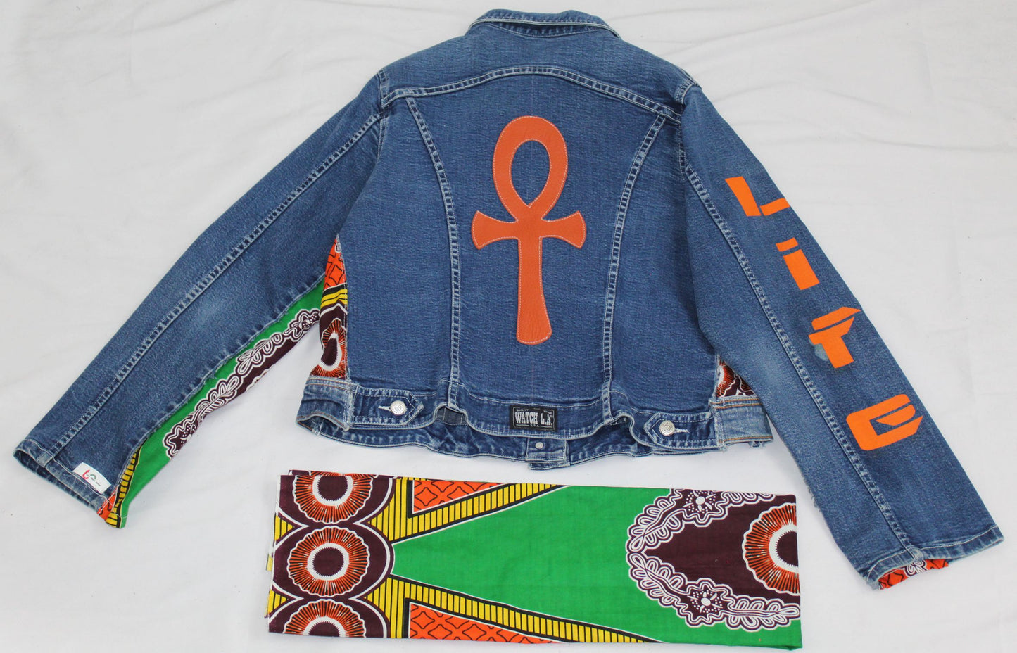 Upcycled jean jacket _ Plus size XL 16 _ Orange Leather Ankh & Ankara_blue denim_One-Of-A-Kind