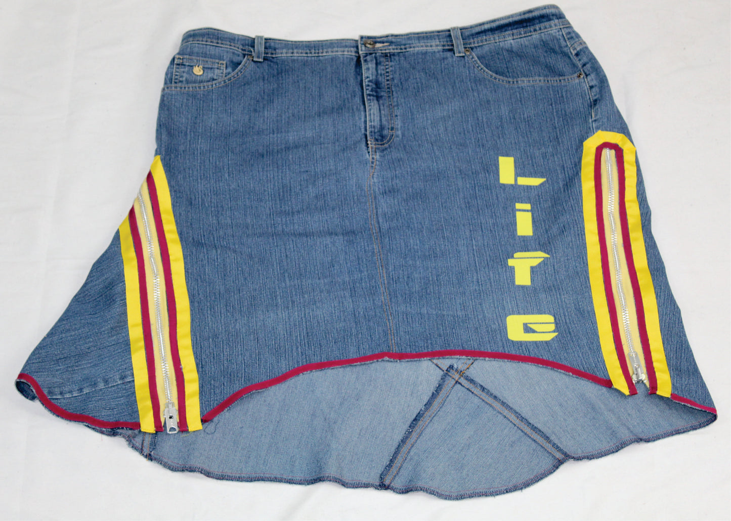 Upcycled jean skirt _ Plus size 2X / 20_Yellow Ankh & Life text _  Hi-Lo blue denim _ One-Of-A-Kind