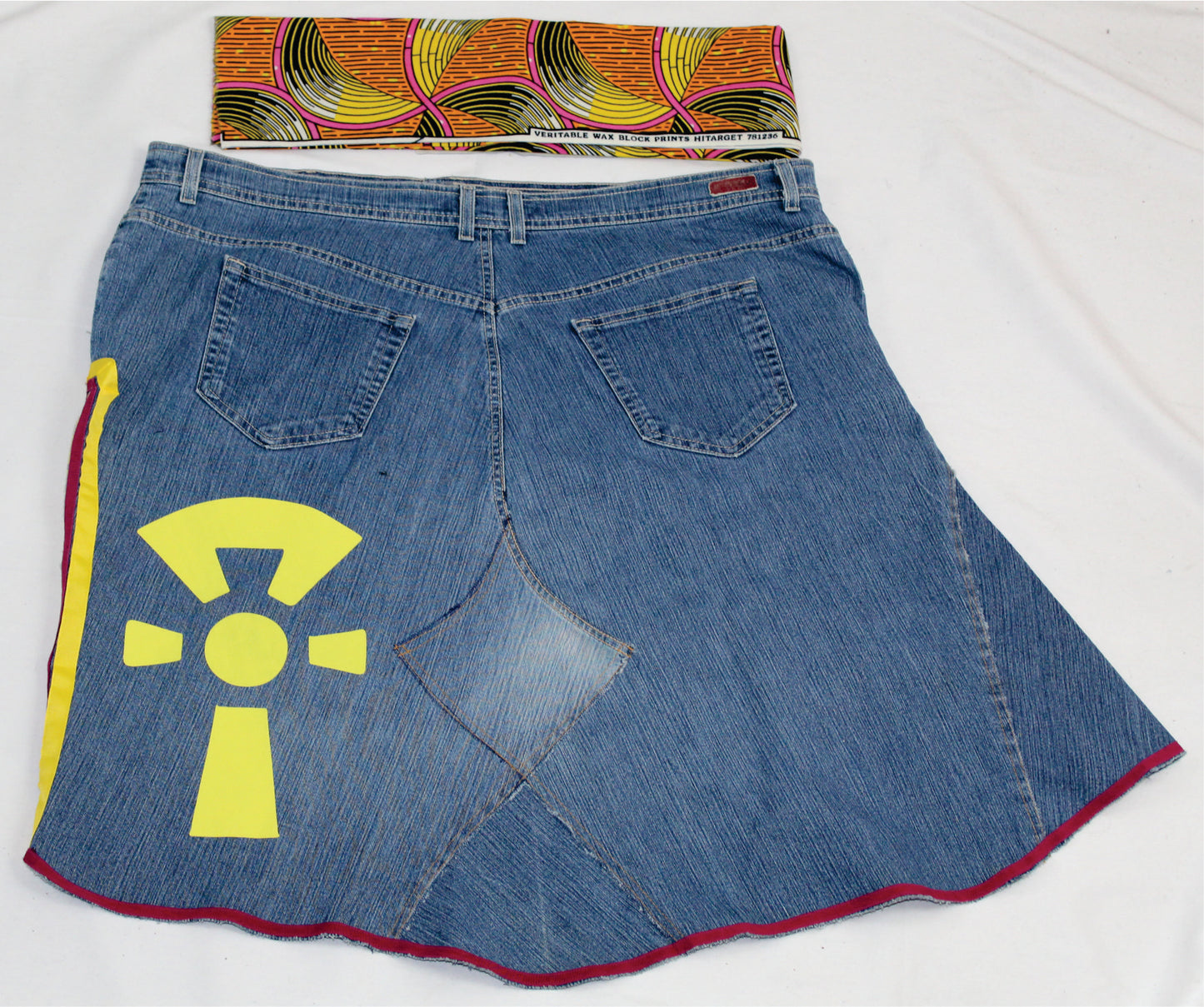 Upcycled jean skirt _ Plus size 2X / 20_Yellow Ankh & Life text _  Hi-Lo blue denim _ One-Of-A-Kind