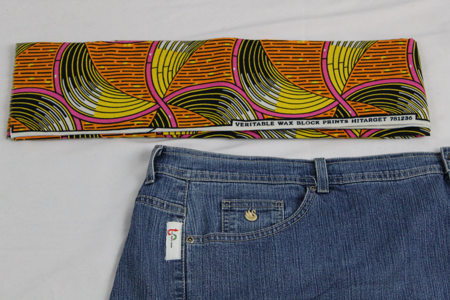 Upcycled jean skirt _ Plus size 2X / 20_Yellow Ankh & Life text _  Hi-Lo blue denim _ One-Of-A-Kind