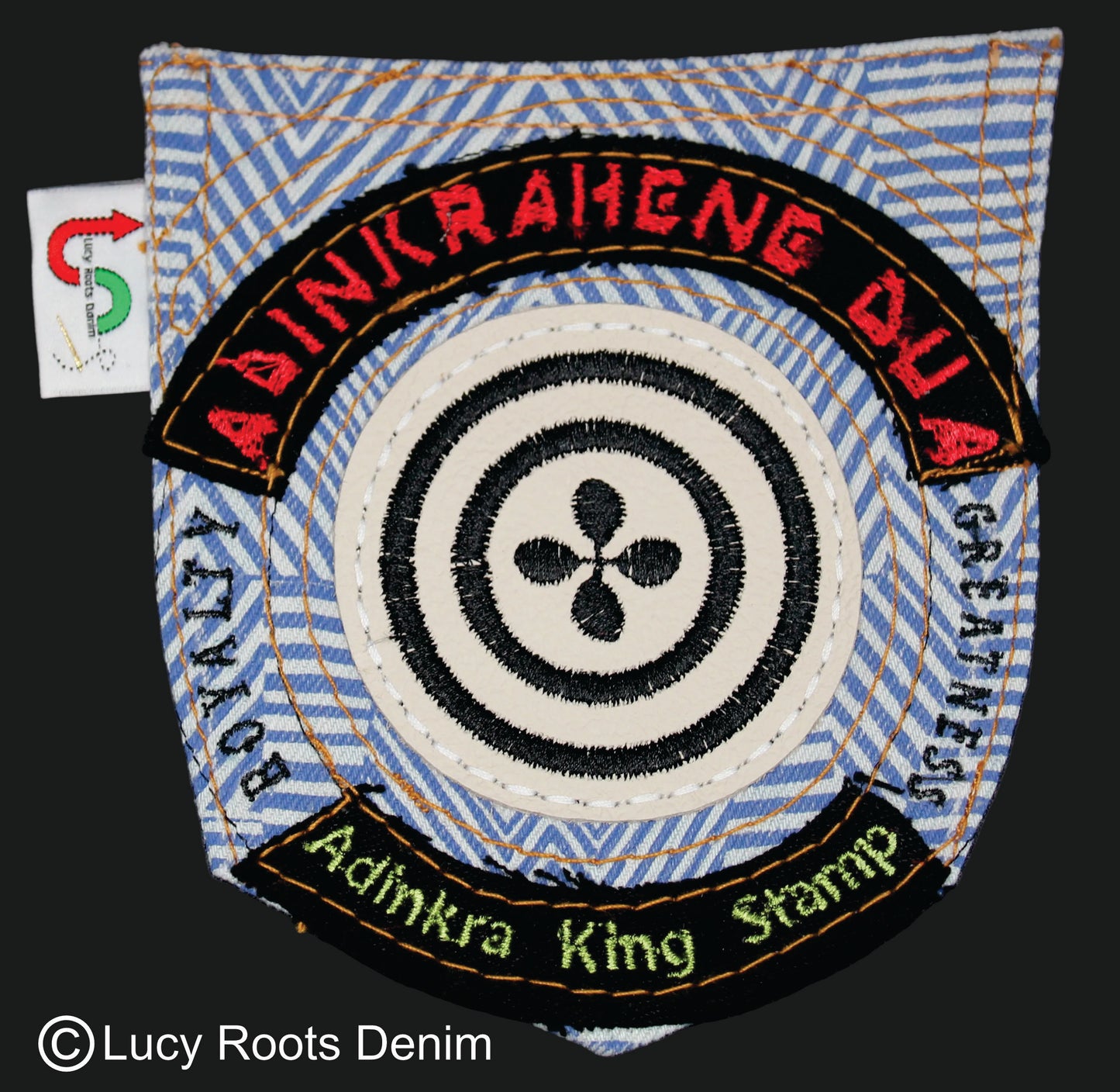 Adinkrahene Dua King Stamp # 3  Upcycled jeans Pocket Patch  African Diaspora