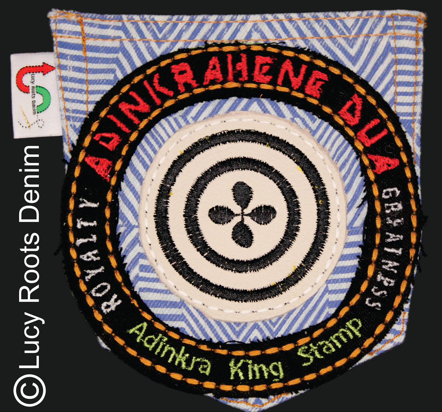 Adinkrahene Dua King Stamp # 4  Upcycled jeans Pocket Patch  African Diaspora