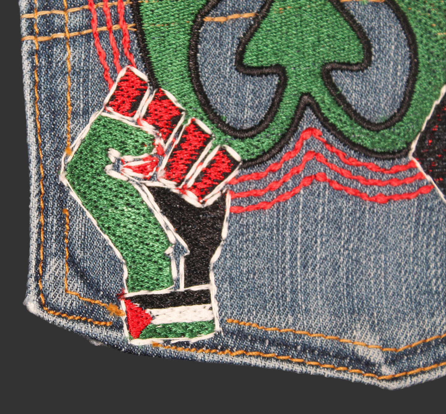Nkonsonkonson #11 Palestine x BLM African Diaspora Upcycled denim blue jeans Pocket Patch