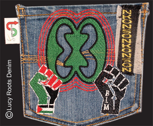 Nkonsonkonson #12 Palestine x BLM African Diaspora Upcycled denim blue jeans Pocket Patch