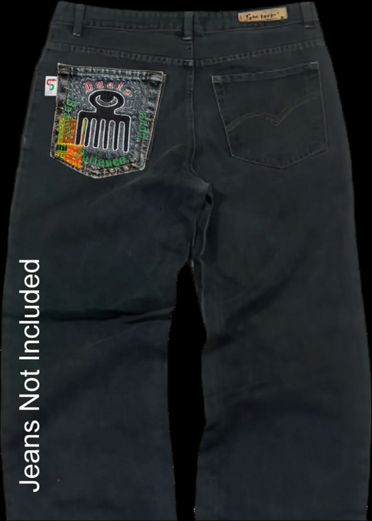 Duafe # 1 Upcycled faded black jeans Pocket Patch African Diaspora