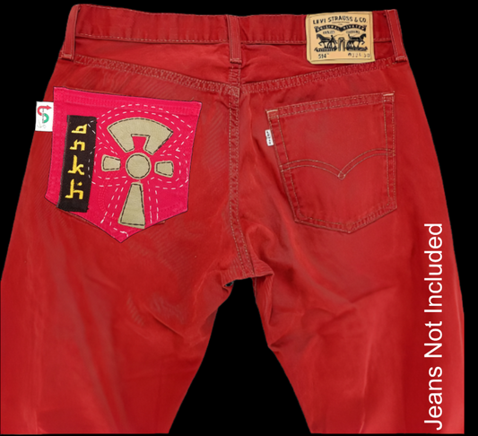 Ankh # 1 Upcycled red jeans  Pocket Patch African Diaspora Leather Applique