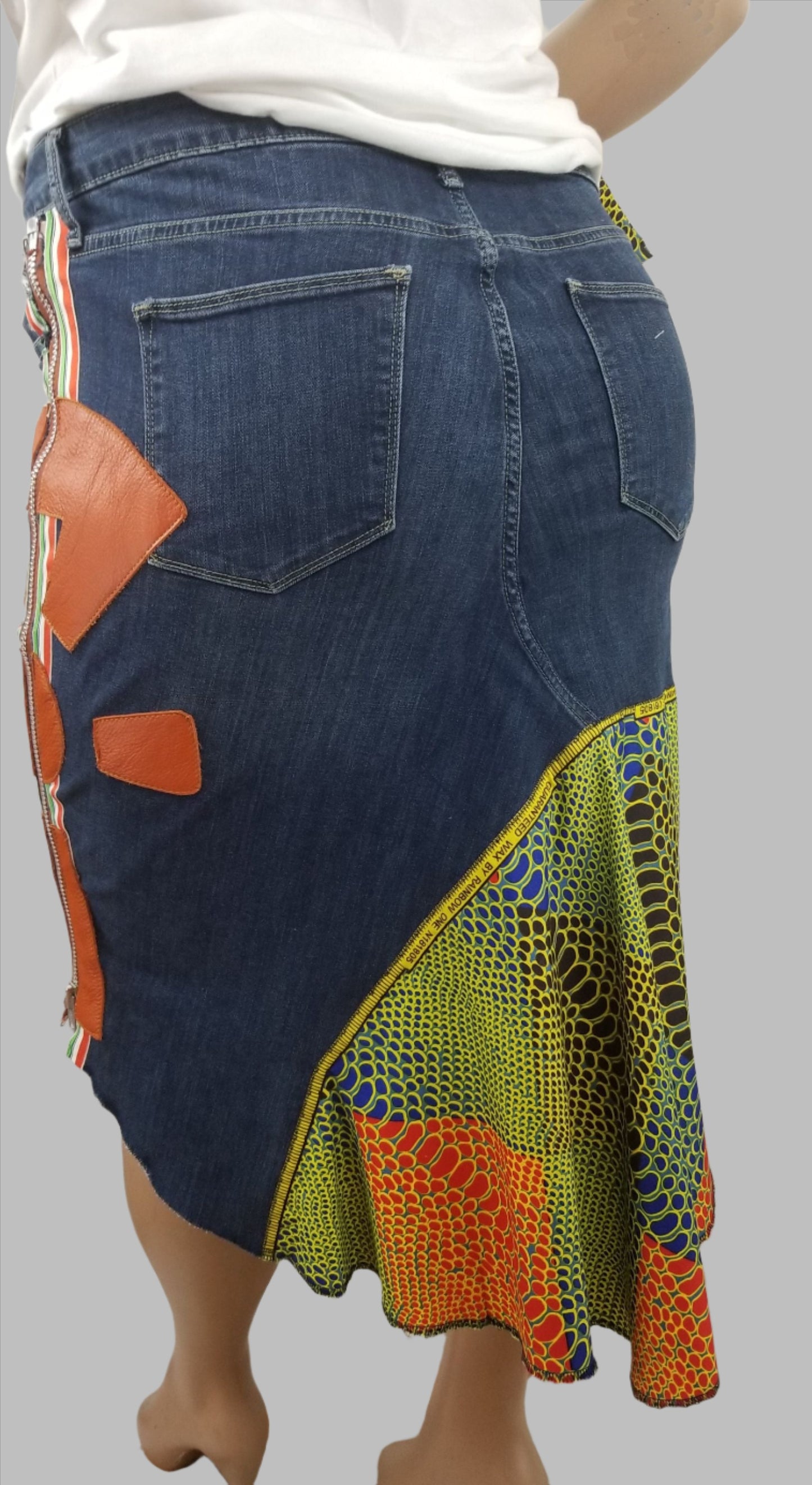 Upcycled jean skirt _ Plus size 18_Leather Ankh & Ankara, blue denim Hi-Lo jean skirt - One-Of-A-Kind